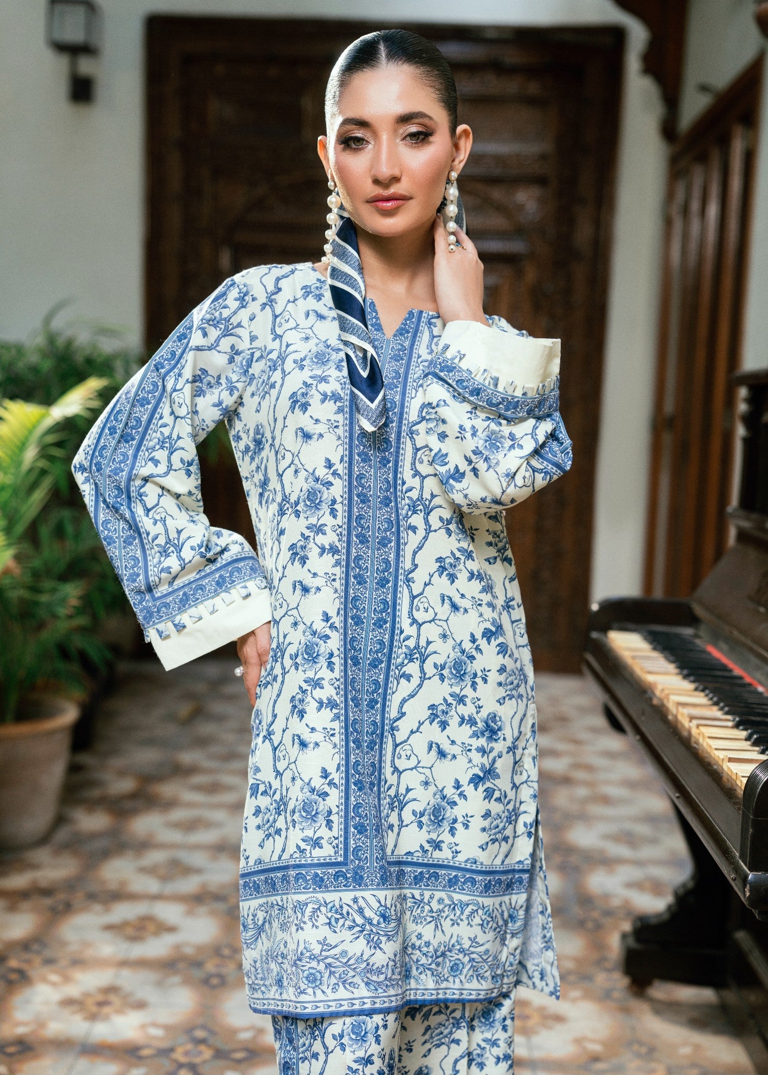 slub lawn Co Ord Sets in Blue, off-white