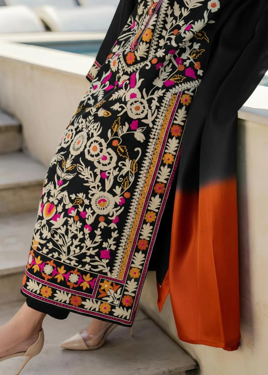cotton linen Kurta Set in Black, multi