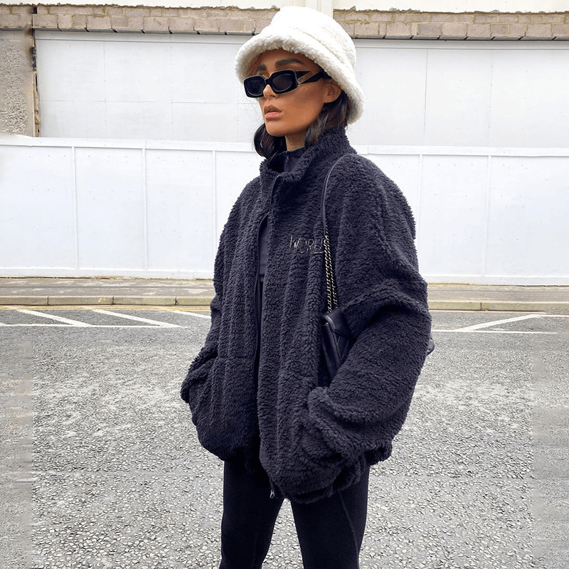 Trendy Letters Embroidered Lamb Velvet Long-Sleeved Jacket