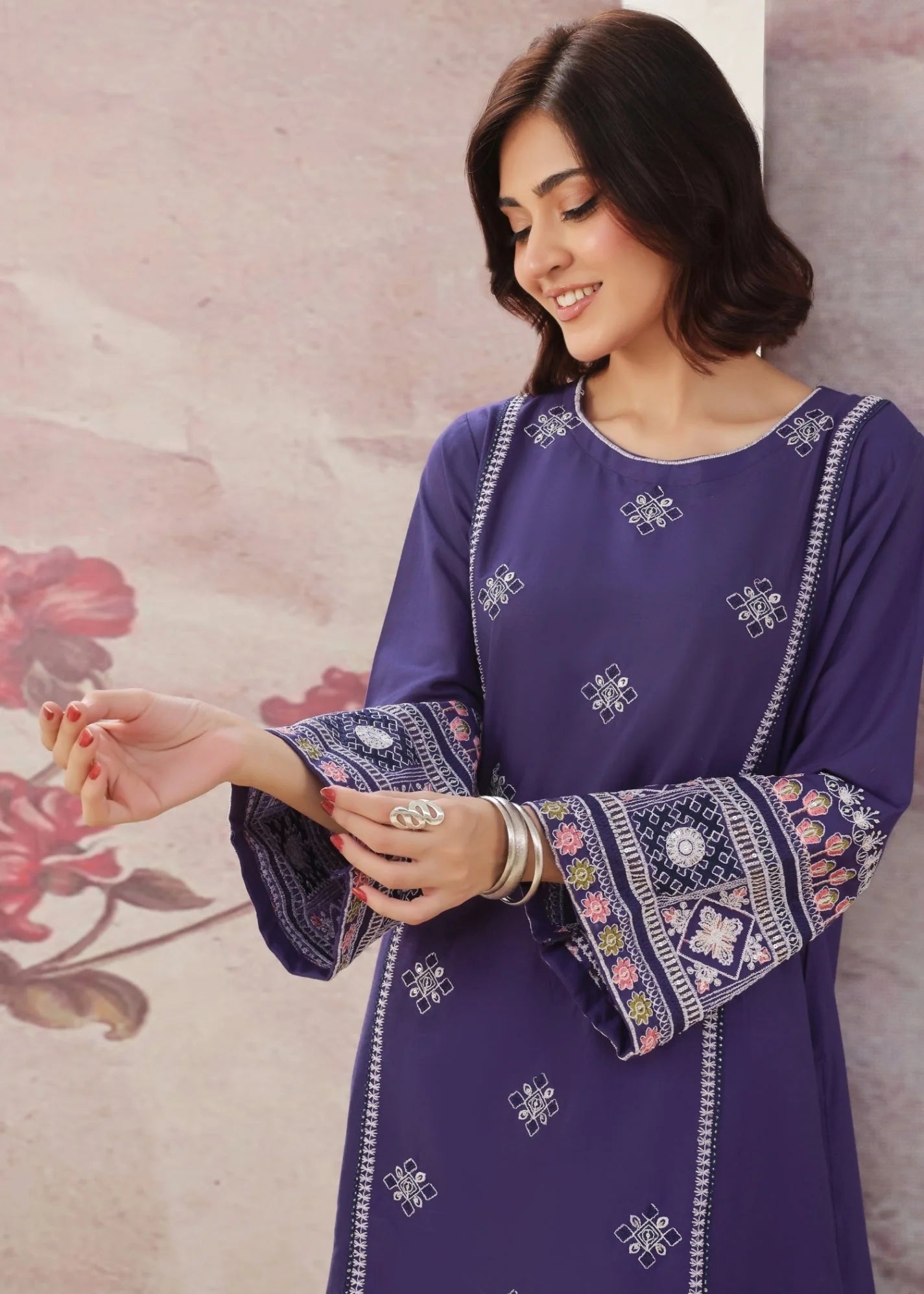 lawn cotton Kurta Set in Purple heart
