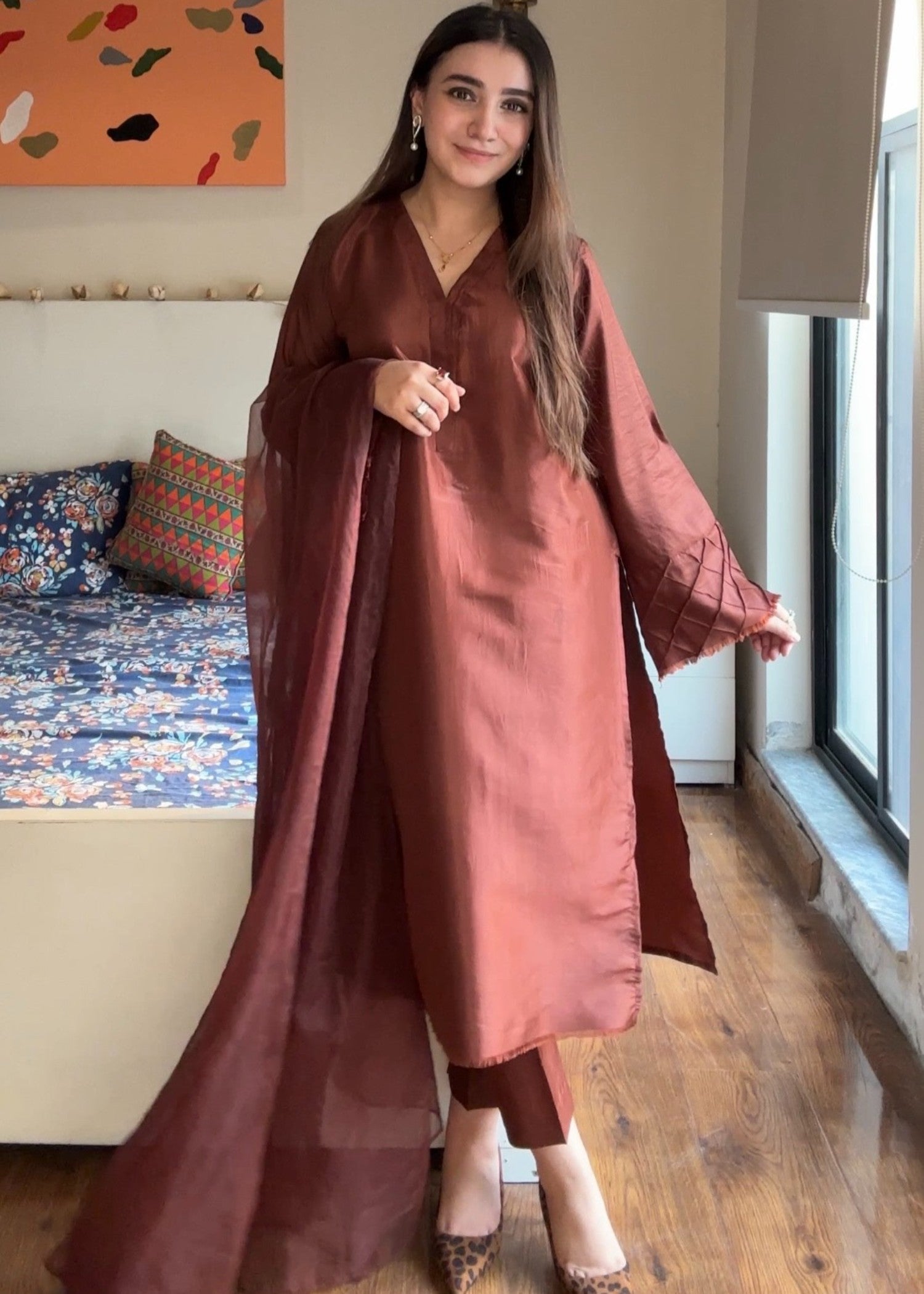 kattan silk Kurta Set in Chocolate brown