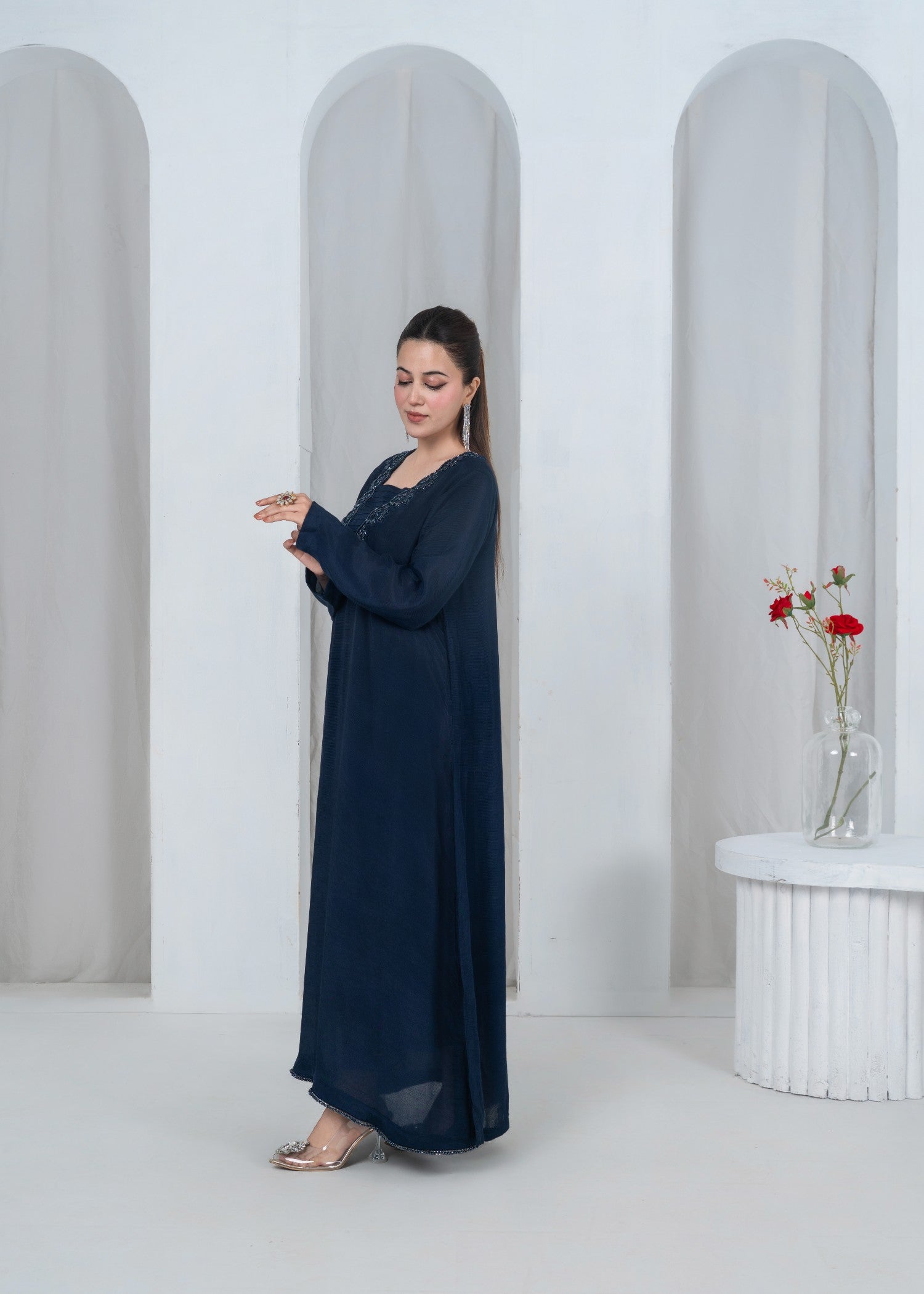 raw silk Kaftan in Navy blue