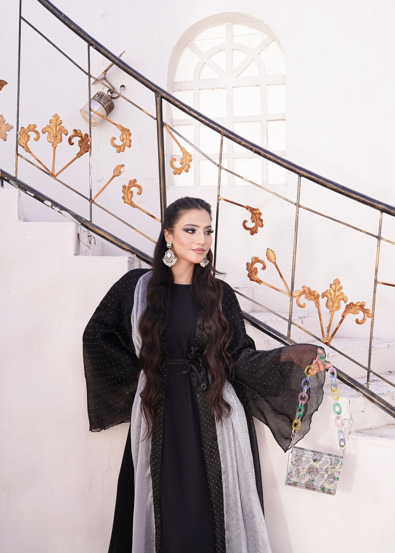 organza Abaya in Black, silver