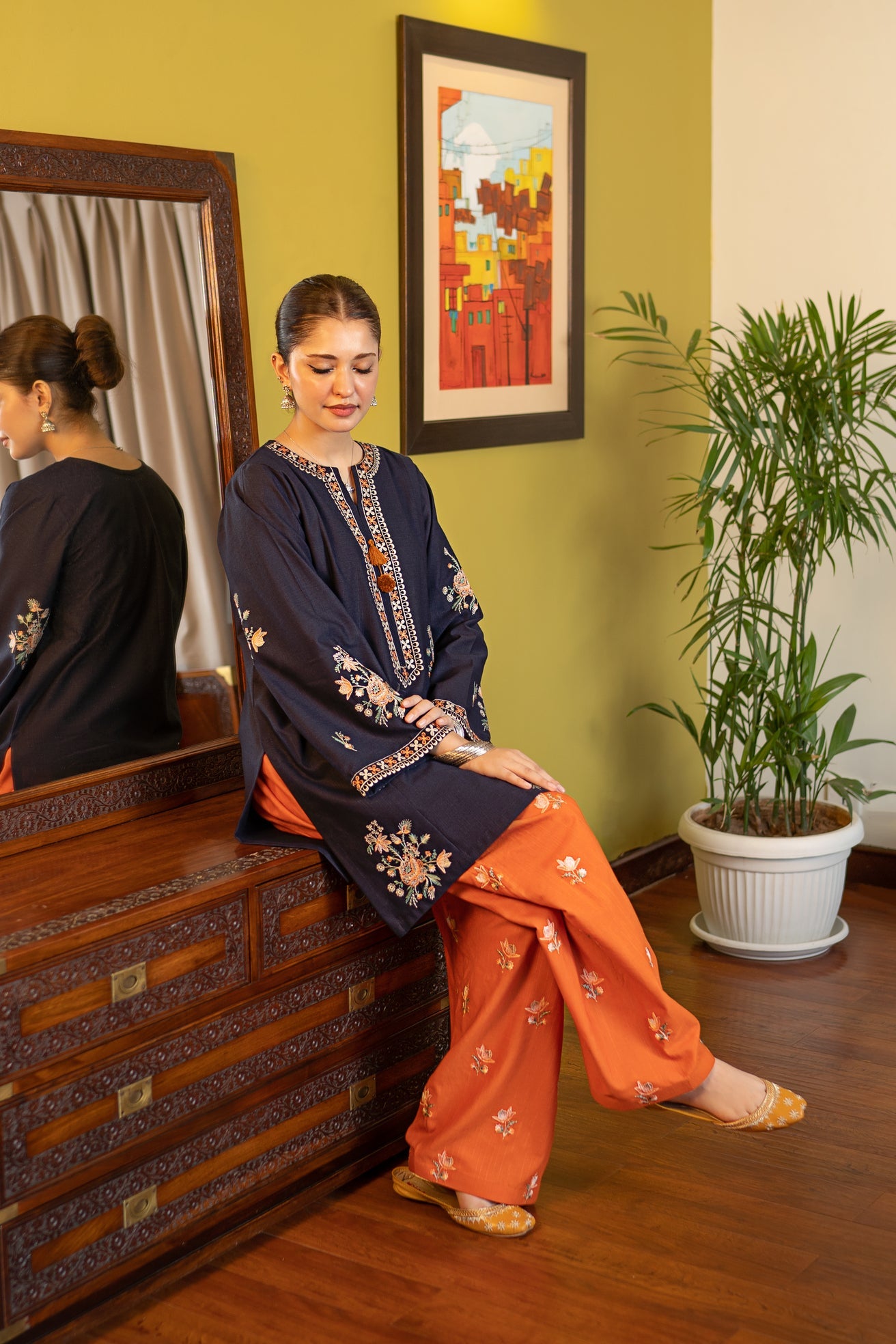 slub khaddar Kurta Set in Sunset orange, aegean blue