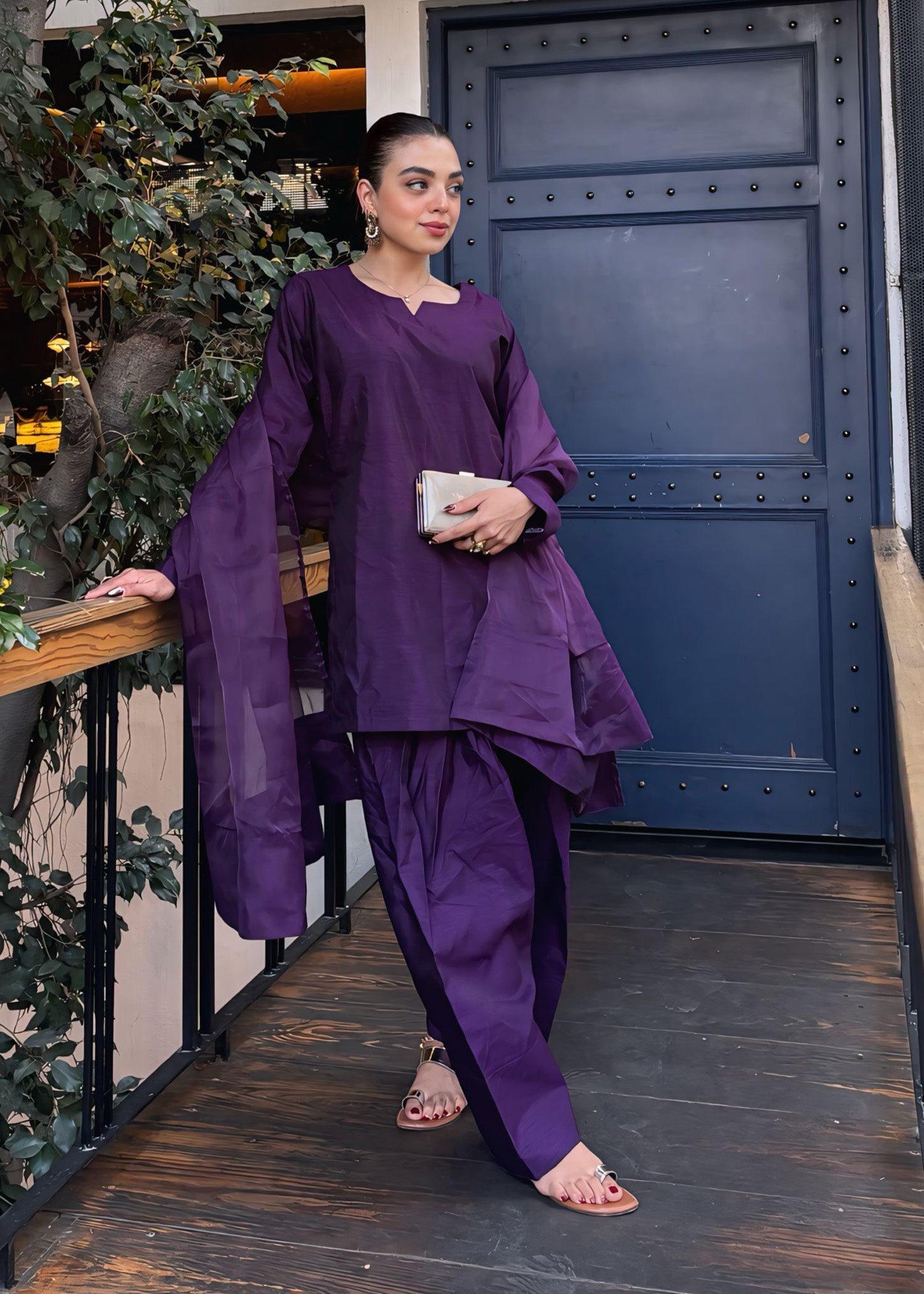 raw silk Kurta Set in Plum
