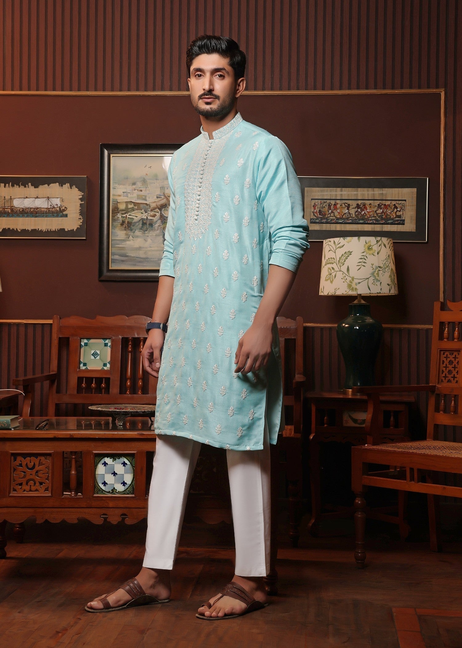 raw silk Kurta Set in Frost blue