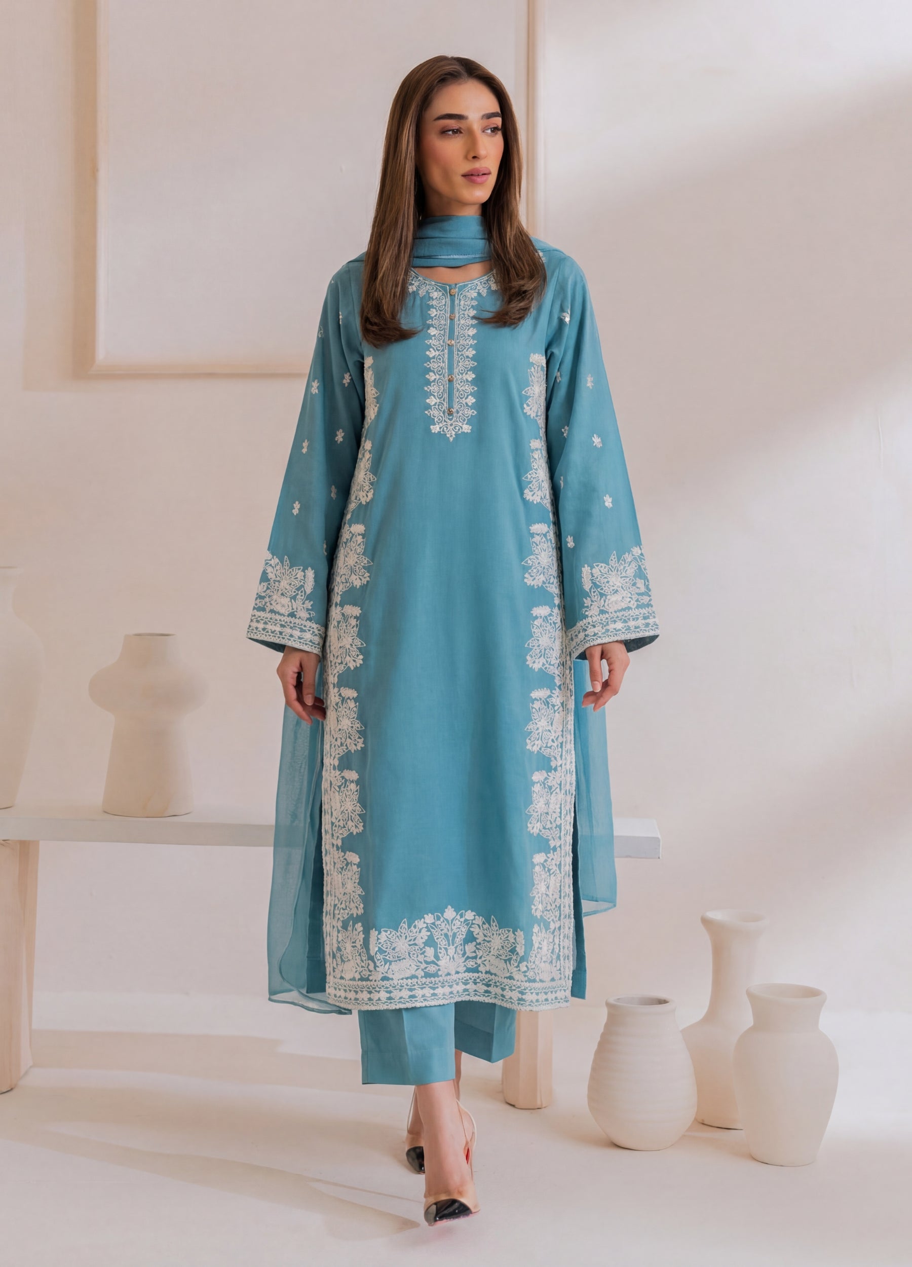 linen Kurta Set in Pacific blue