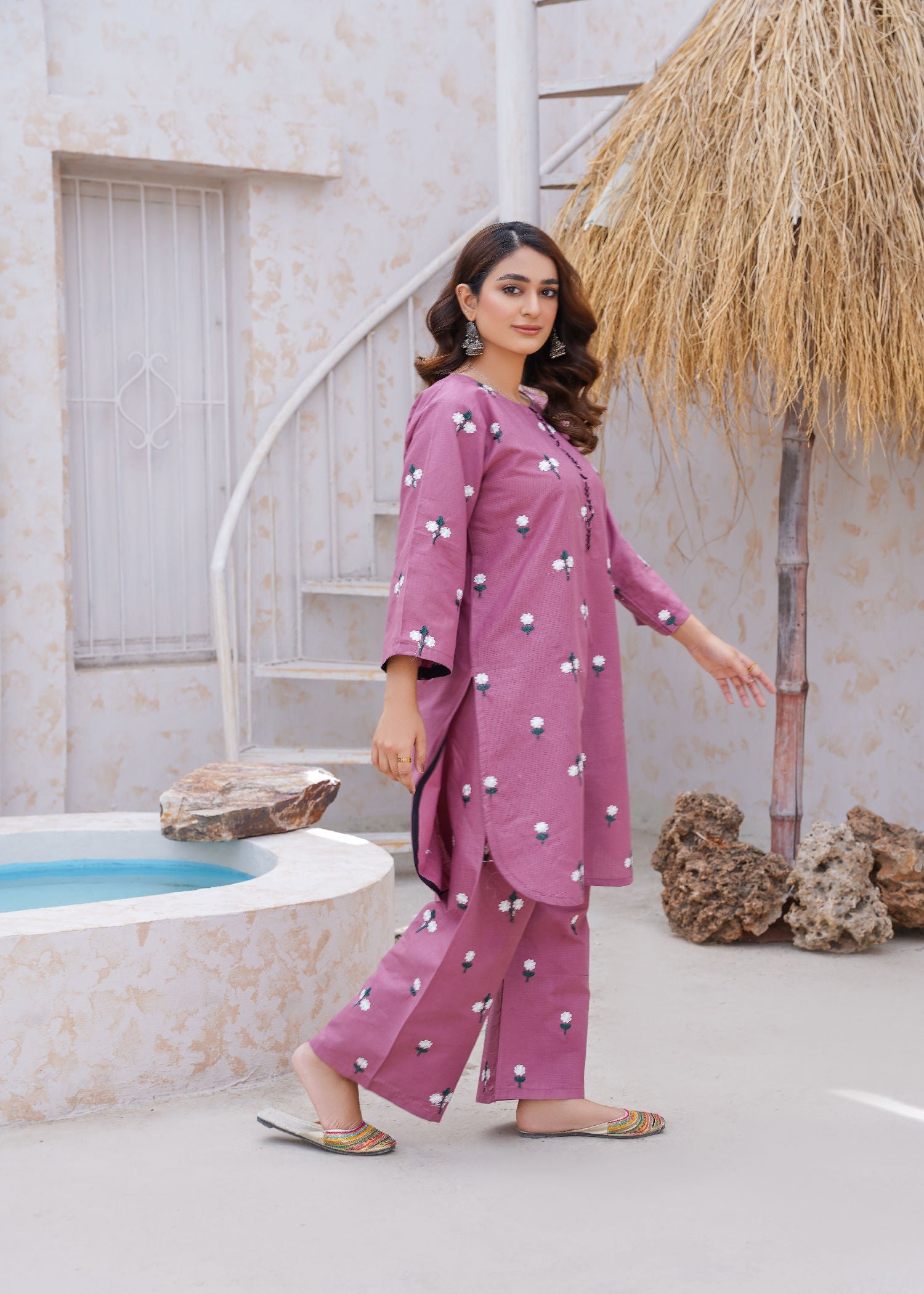 cotton dobby Kurta Set in Mauve pink