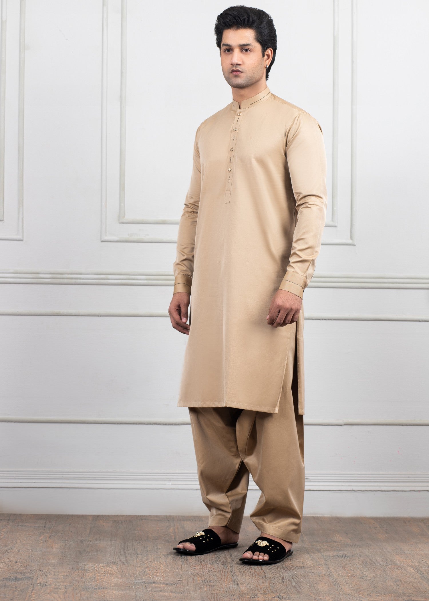 cotton satin Shalwar Kameez in Camel brown by J Pardesi