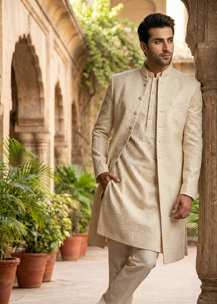 silk Sherwani in White, gold, ivory
