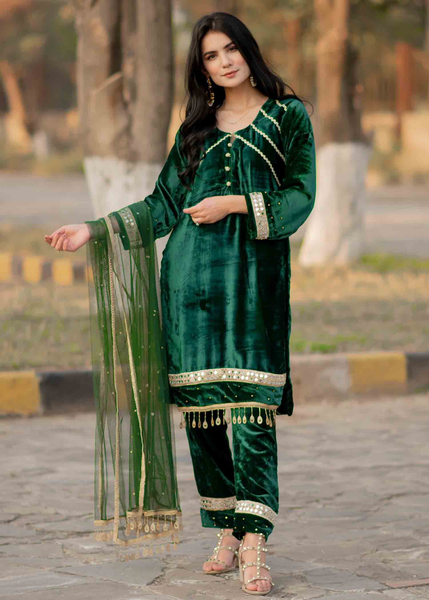 velvet Kurta Set in Emerald green