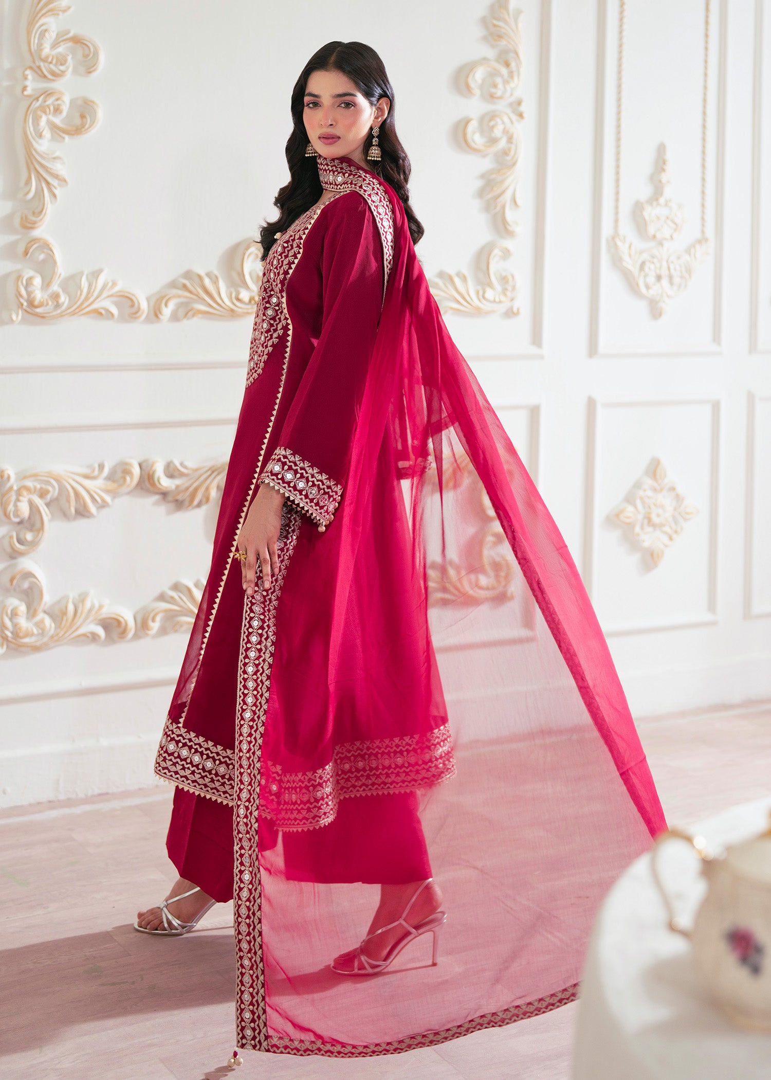 silk Kurta Set in Ruby red