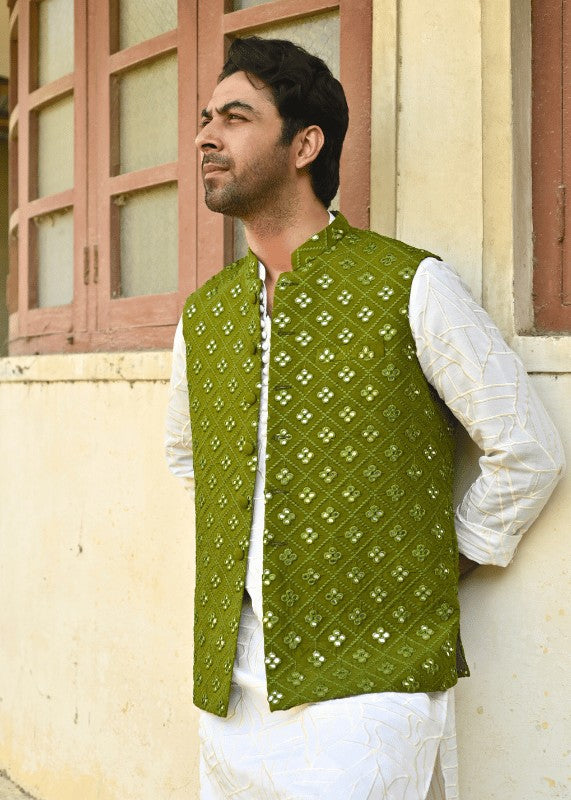 raw silk Waistcoat in Green by HK Fashion