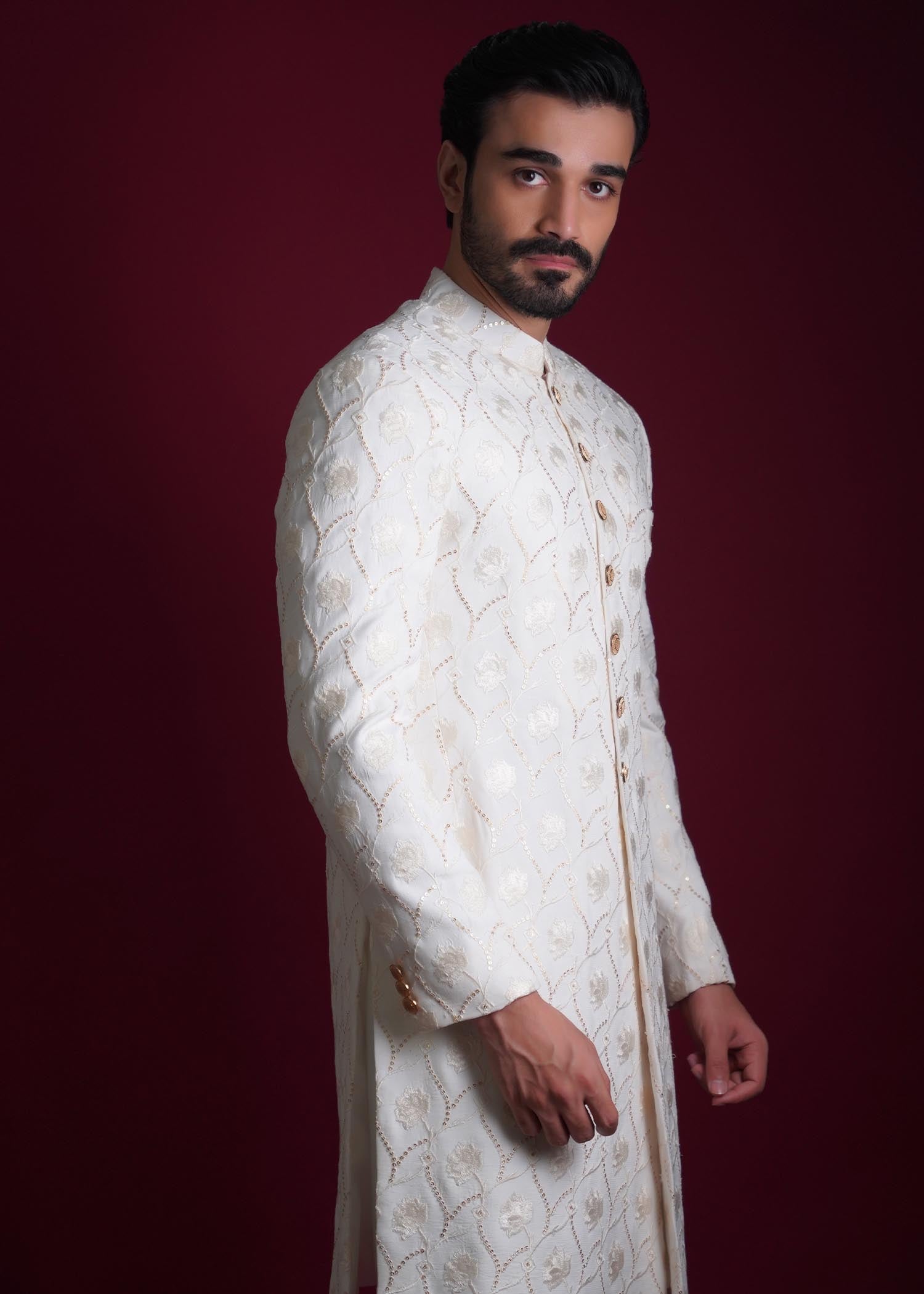 viscose raw silk Sherwani in Off-white