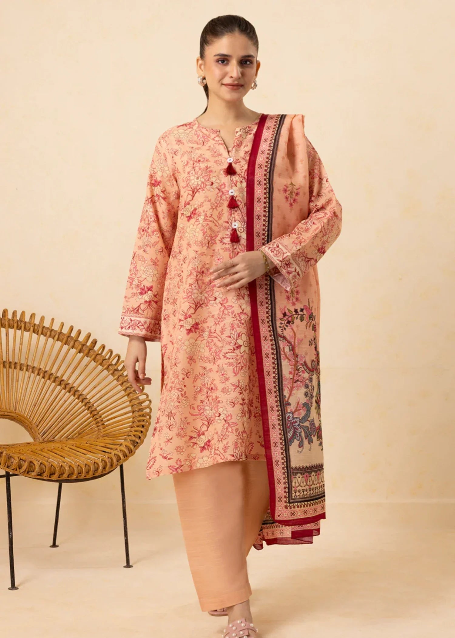 khaddar Kurta Set in Peach orange