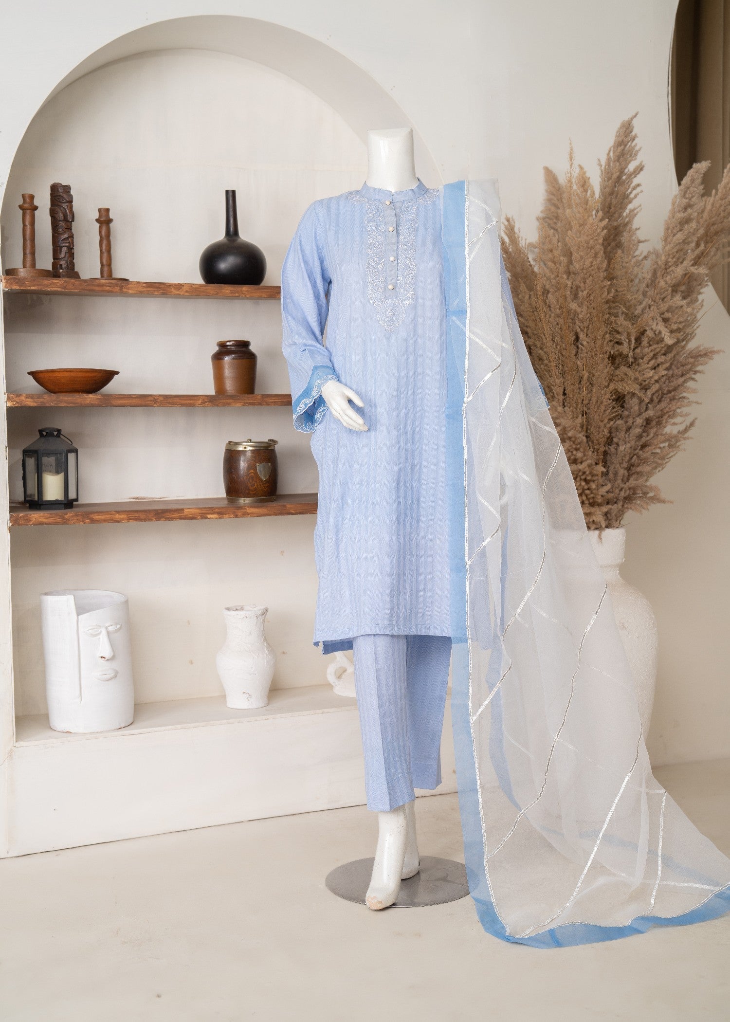 self jacquard Kurta Set in Light blue