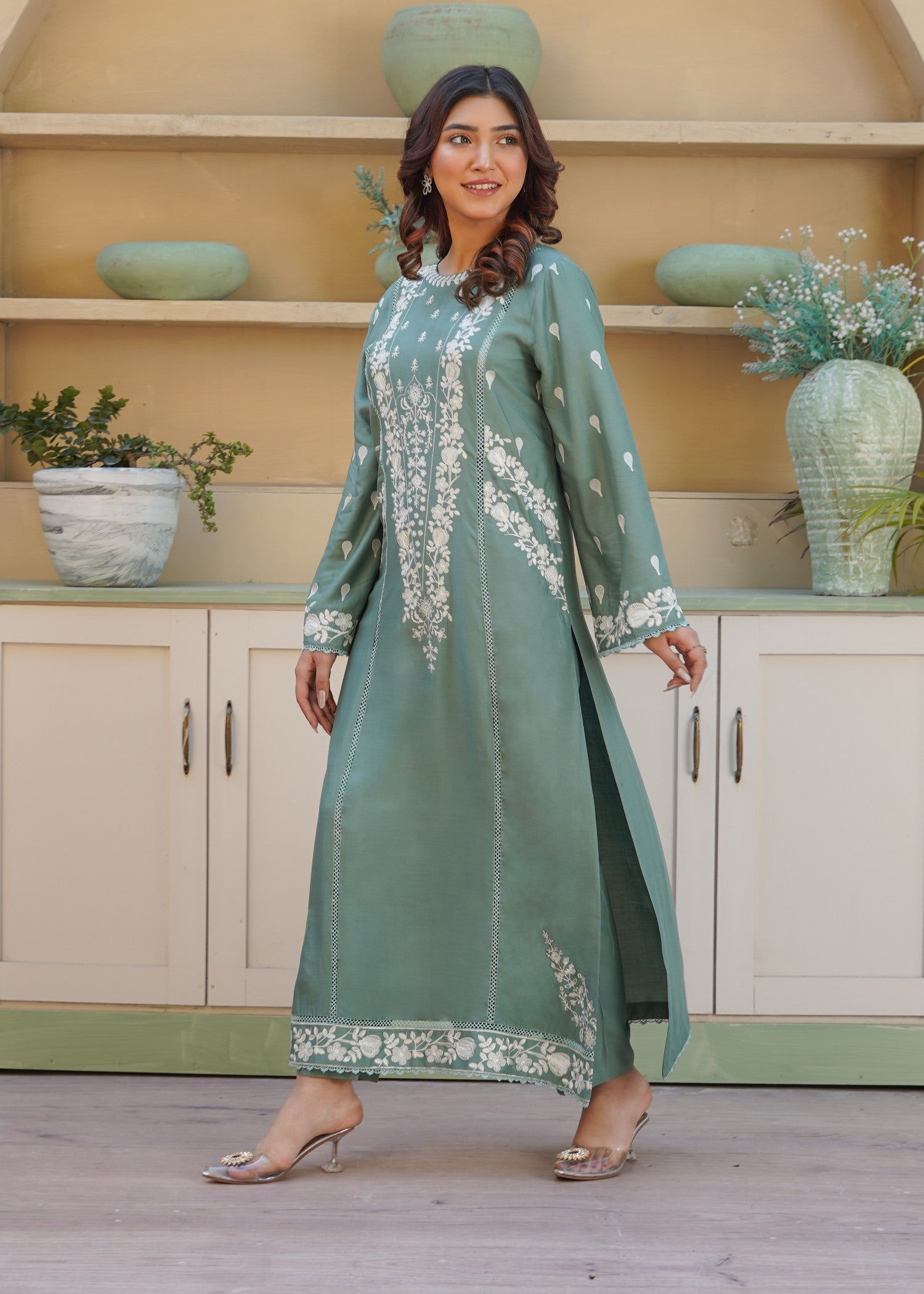 arabic lawn Kurta Set in Sage green