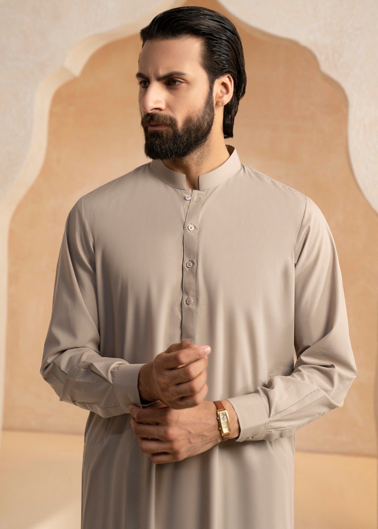 blended satin Shalwar Kameez in Beige