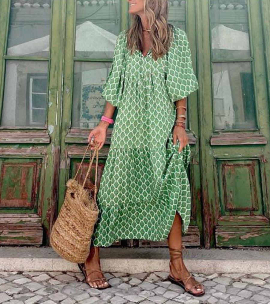 Elegant Ladies Casual Loose V-Neck Half Sleeve Maxi Dress