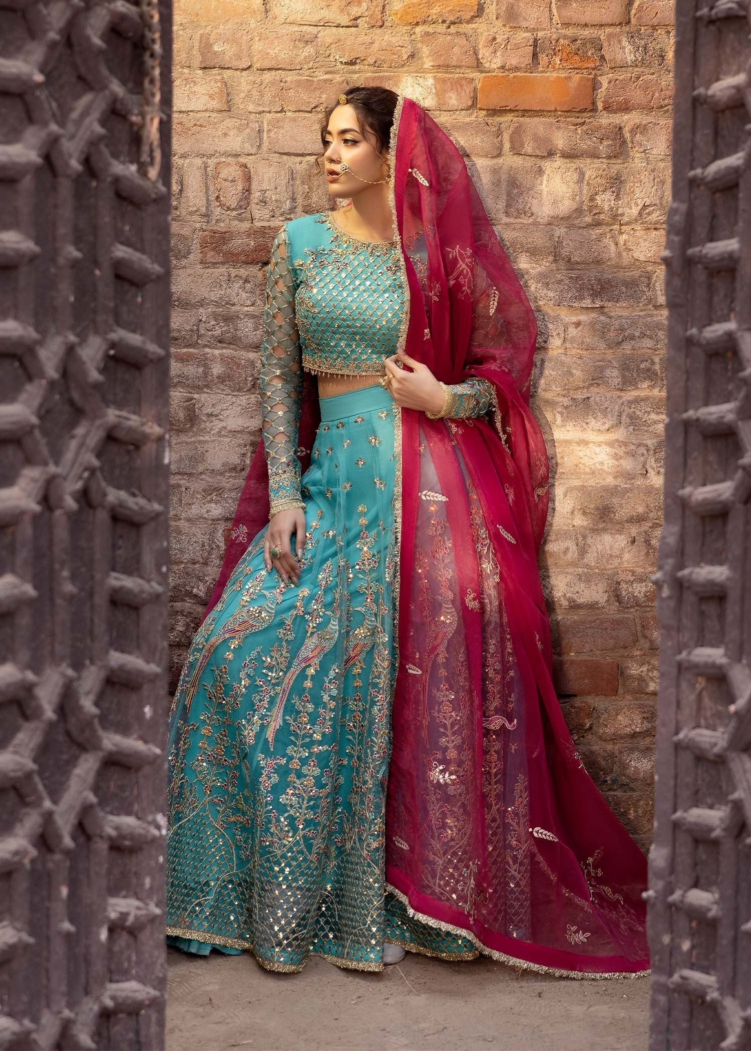 net Lehenga in Turquoise