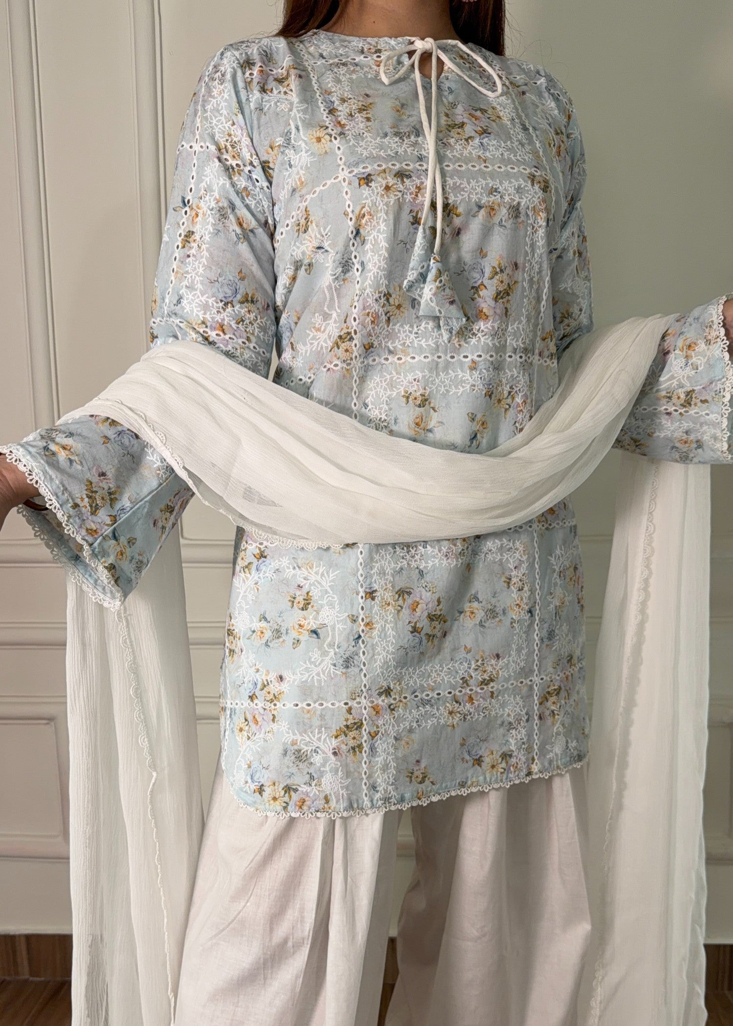 lawn Kurta Set in Off-white, ice blue