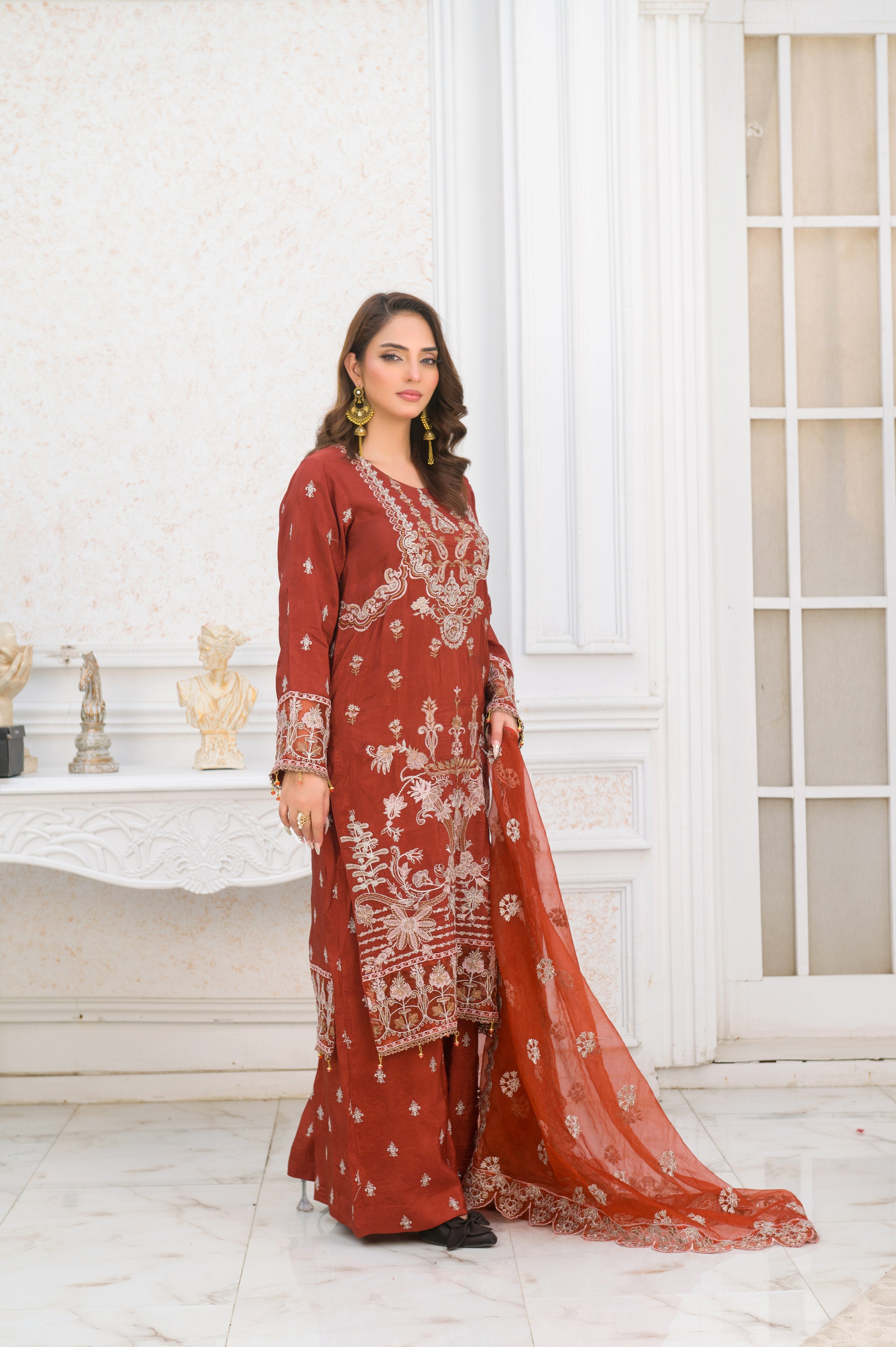 tussar silk Kurta Set in Rust orange