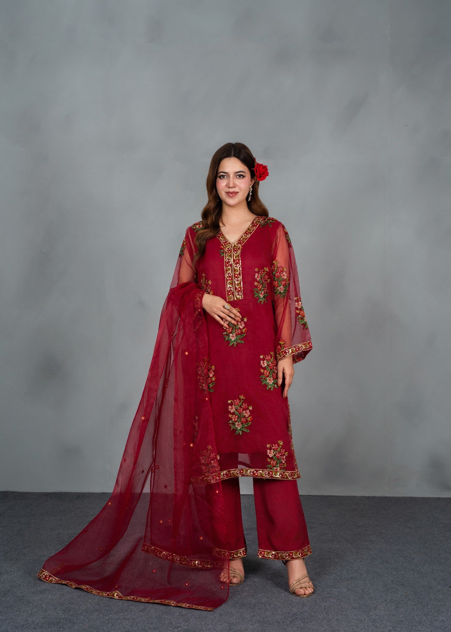 organza Kurta Set in Cardinal red