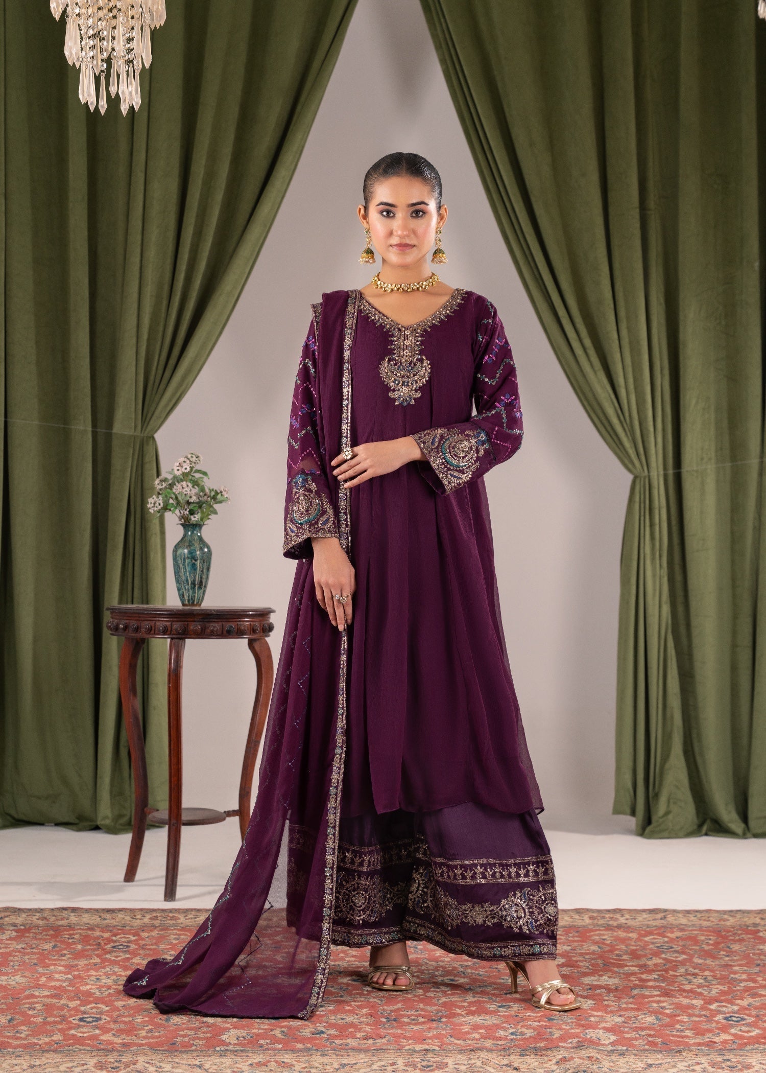 crinkle chiffon Pishwas in Purple