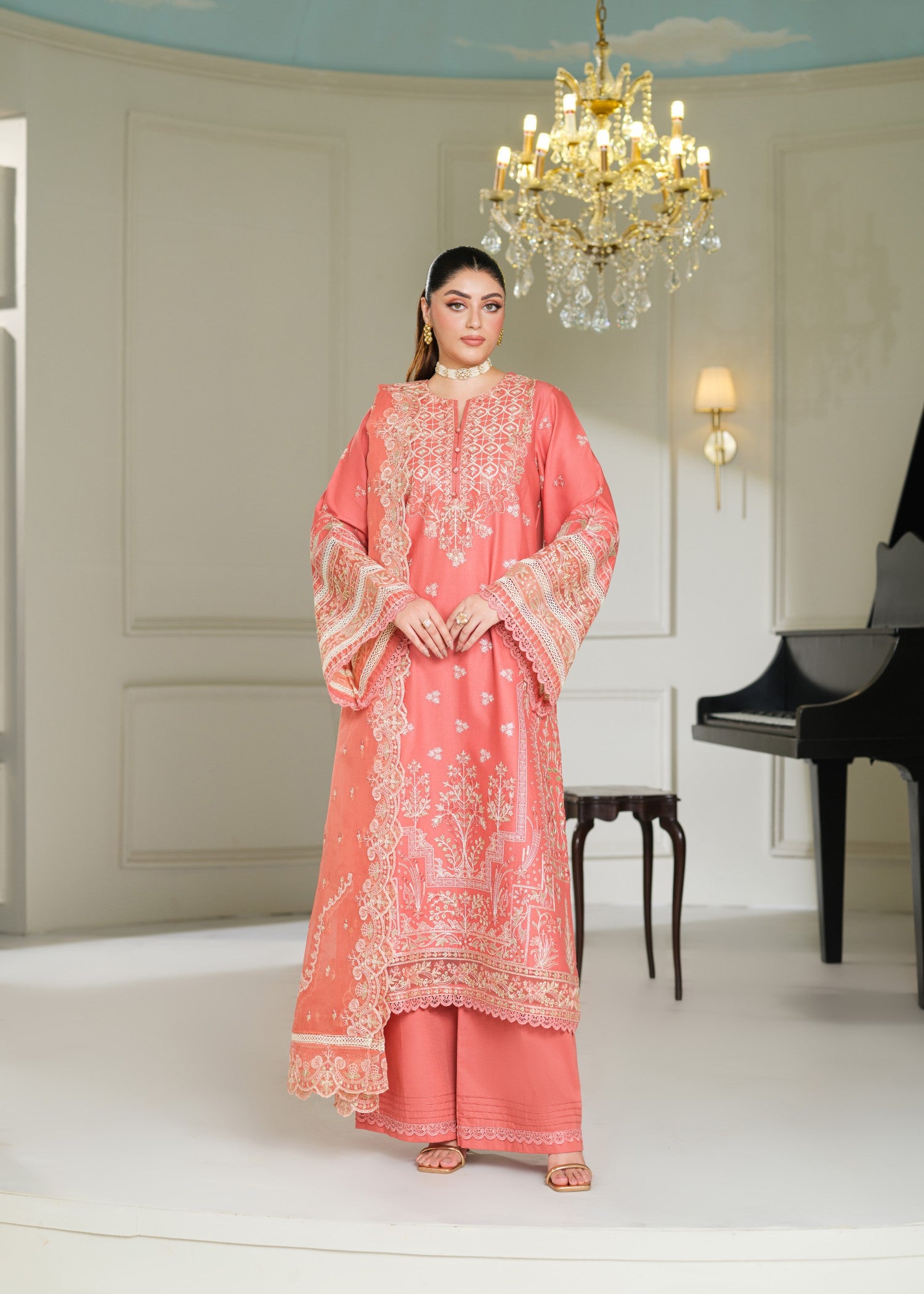 cambric cotton Kurta Set in Orange