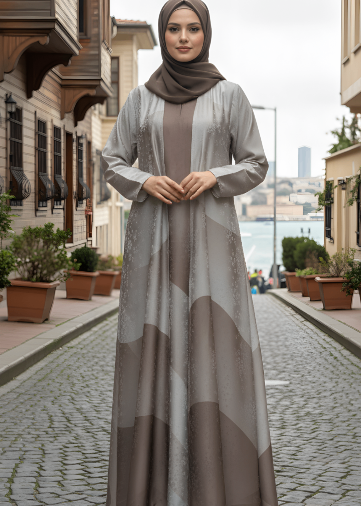 jacquard georgette Abaya in Beige