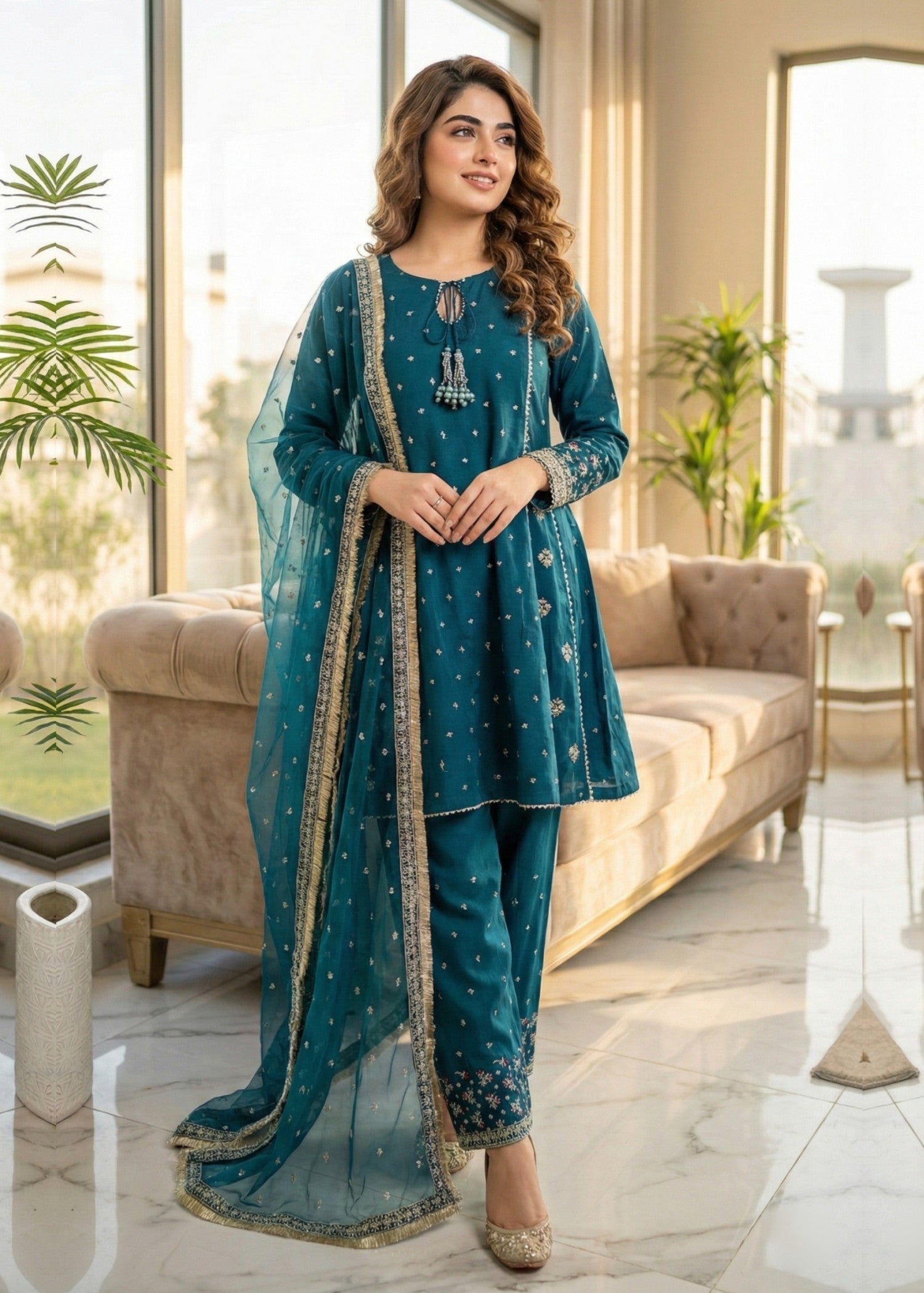 raw silk Short Frock in Teal