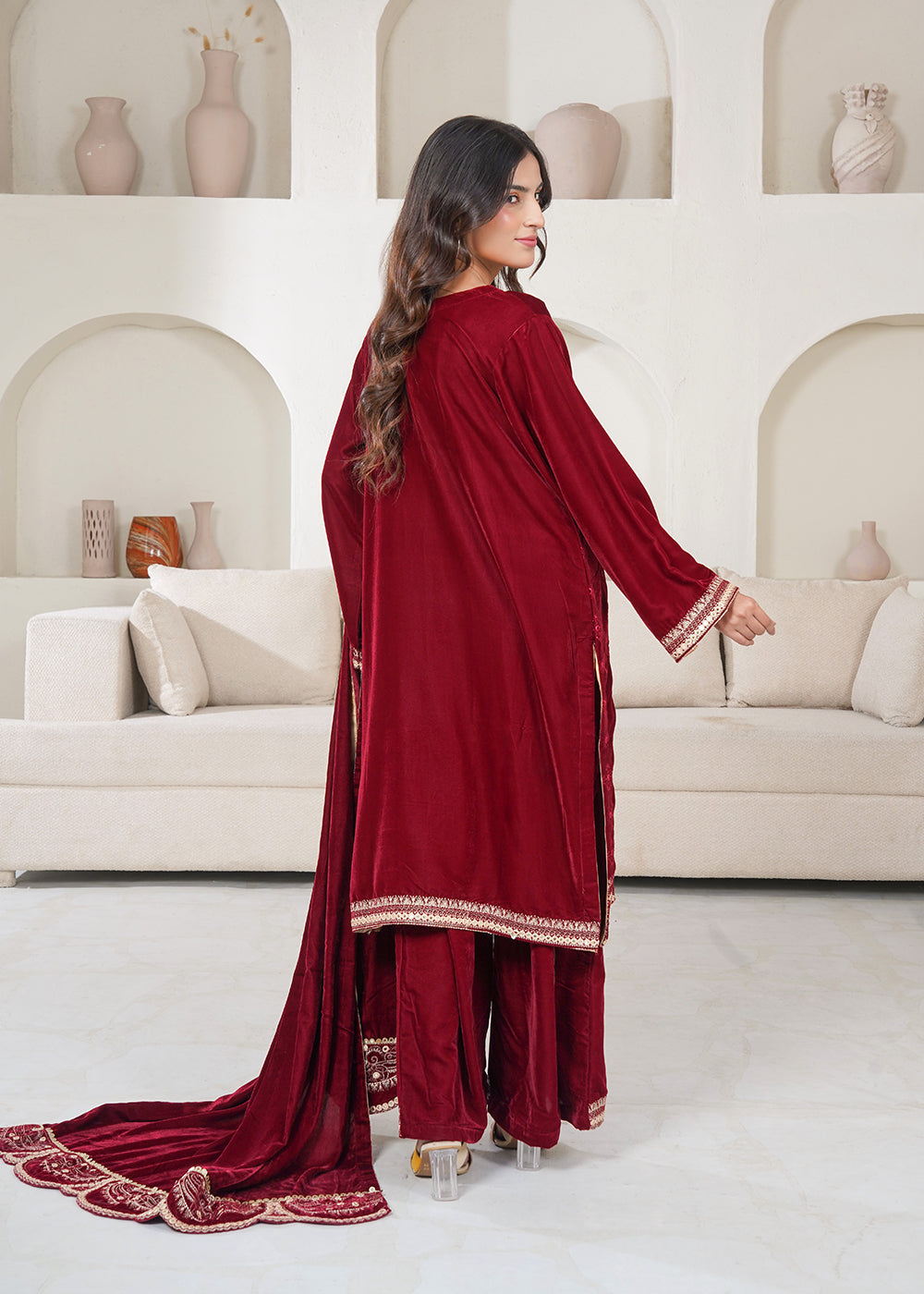 velvet Kurta Set in Maroon