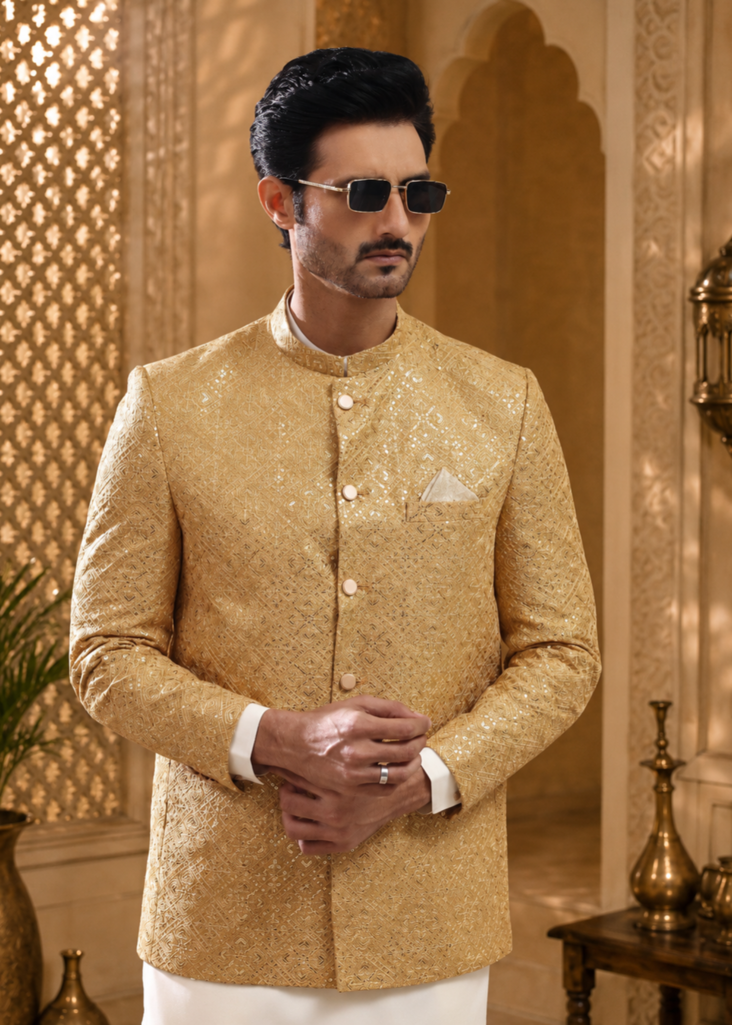 jamawar Prince Coat in Gold