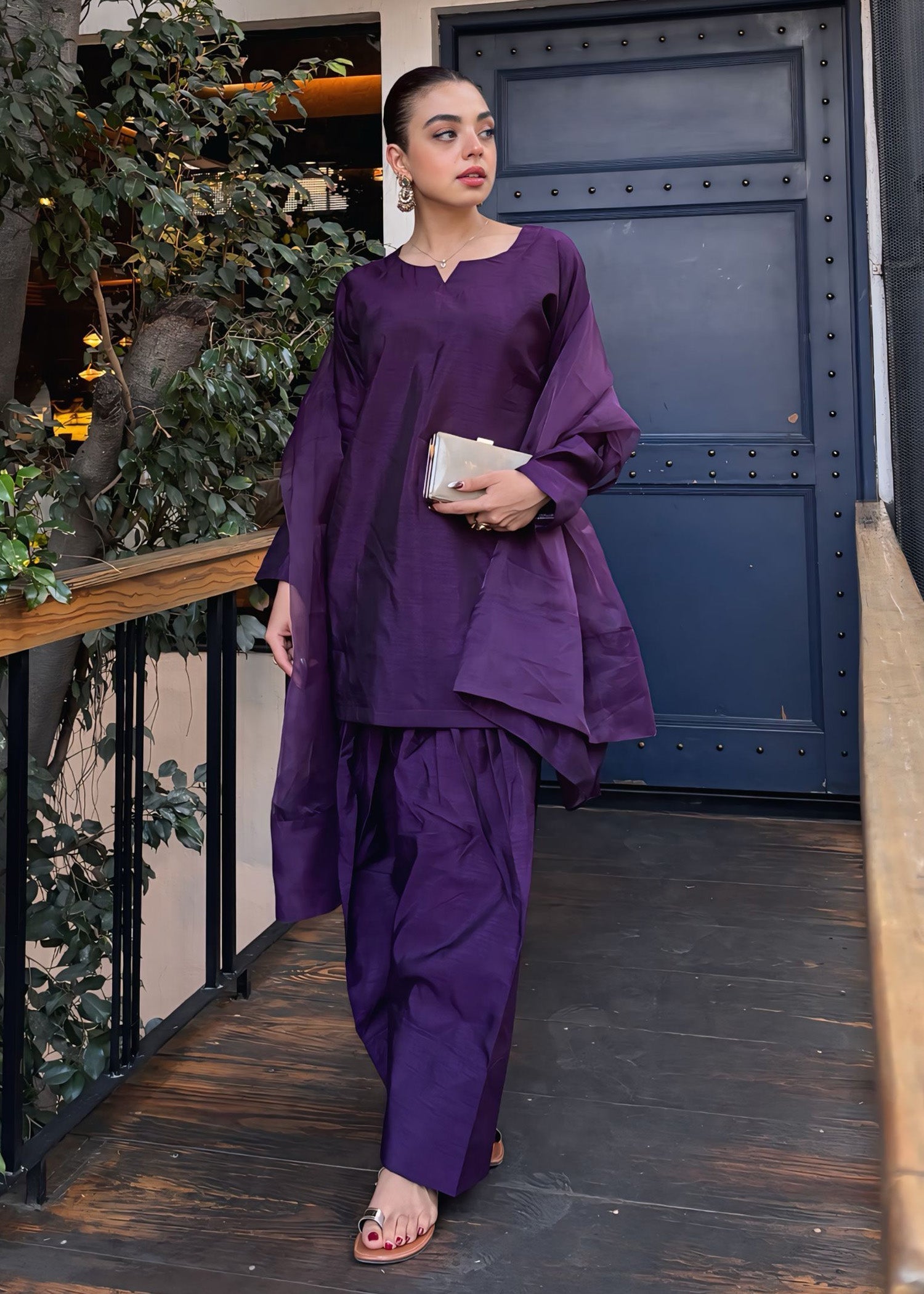 raw silk Kurta Set in Plum