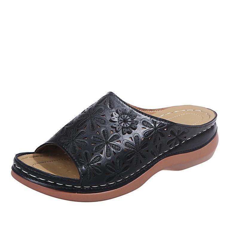 The New Hollow Floral Carved Edging Car Stitching Slope Heel Comfortable Retro Slippers Women