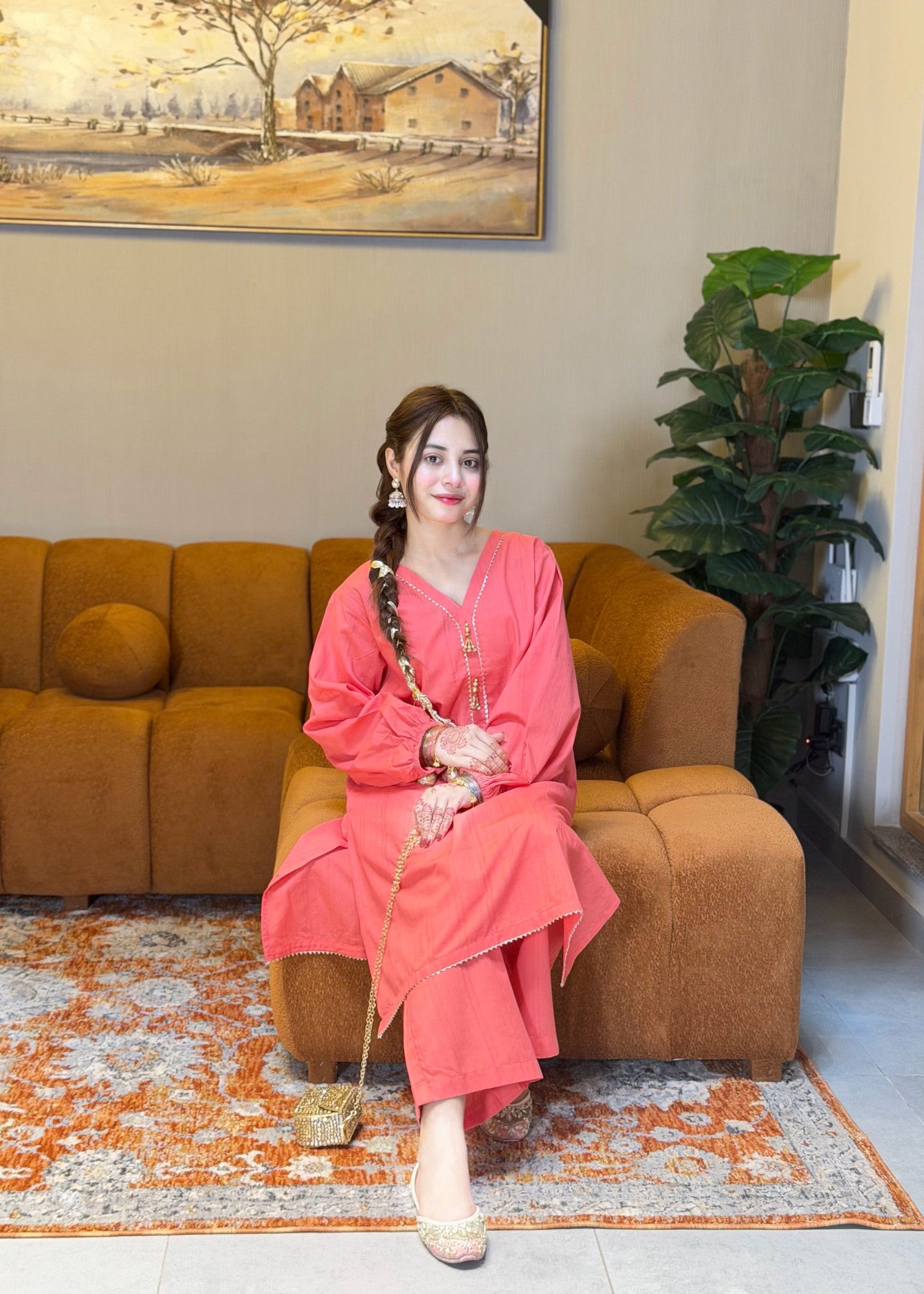 yarn dyed jacquard Kurta Set in Coral orange