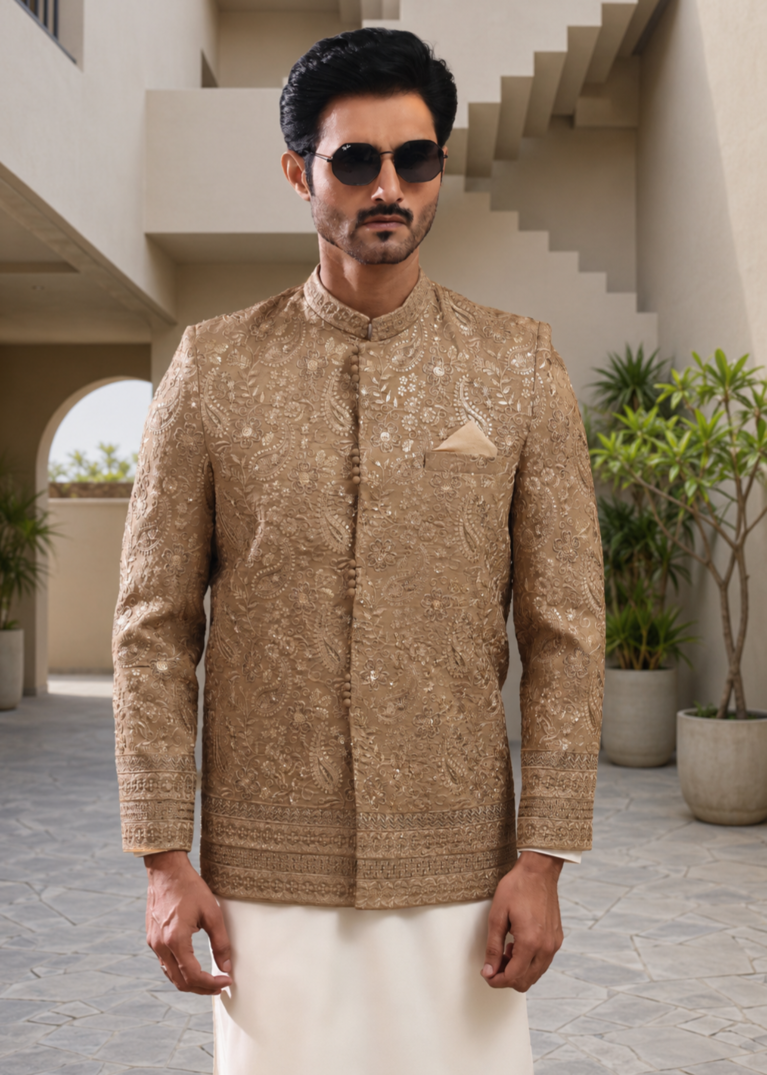 jamawar Prince Coat in Tan brown