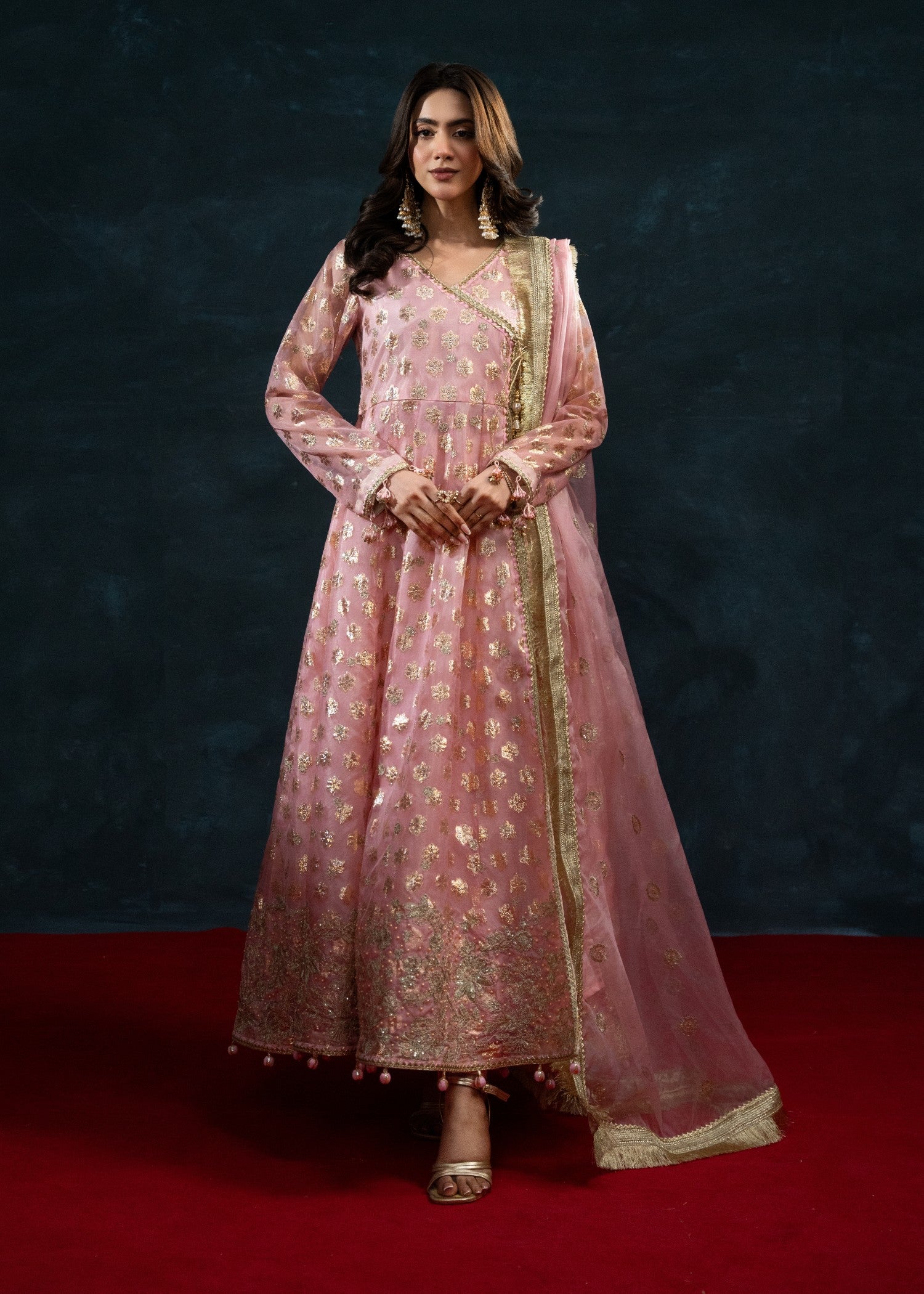 zari tissue Angrakha in Peach pink