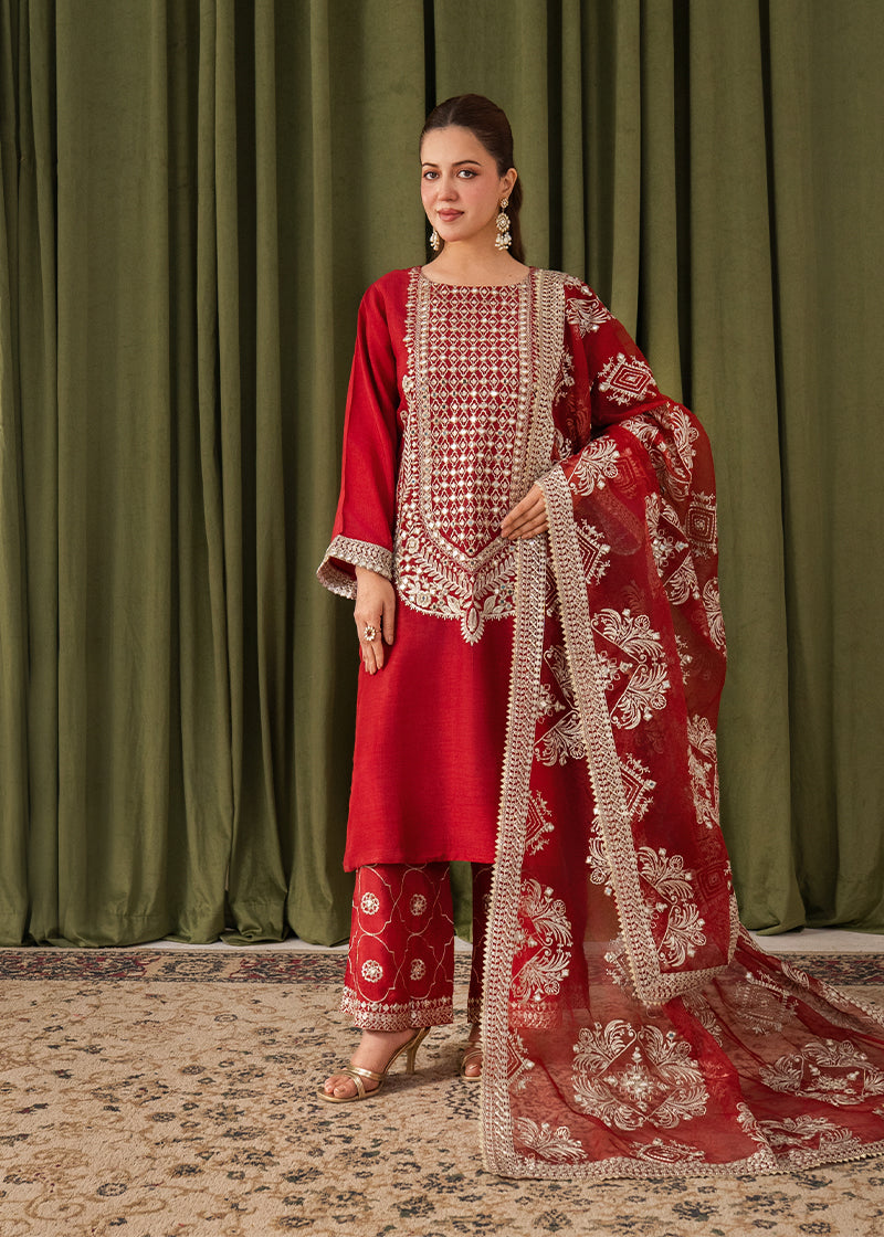 korean raw silk Kurta Set in Spicy red