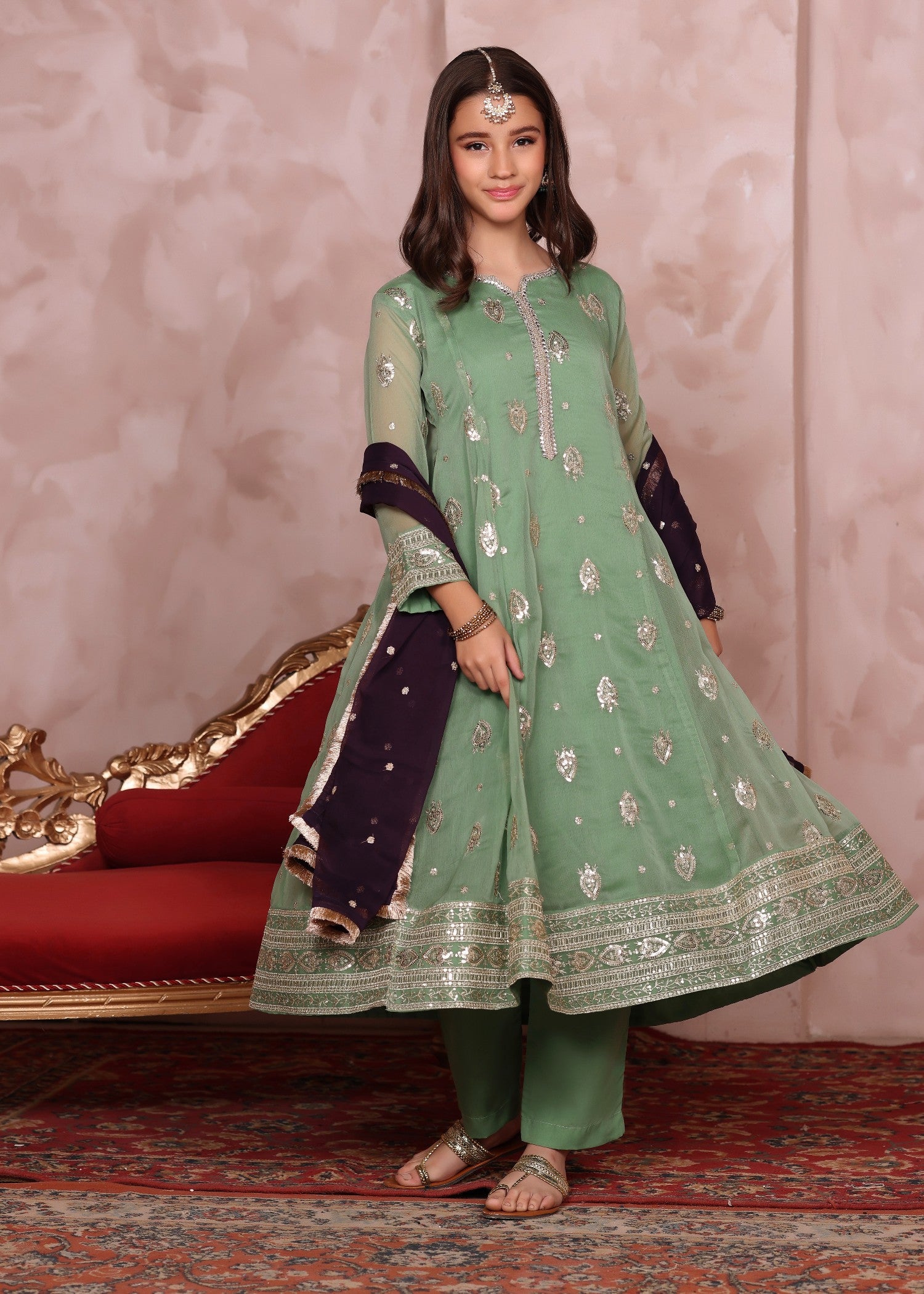 chiffon Pishwas in Pastel green