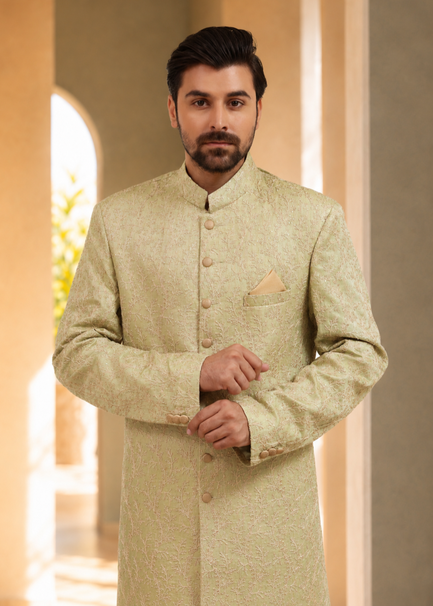 jamawar Sherwani in Tea green, autumn gold