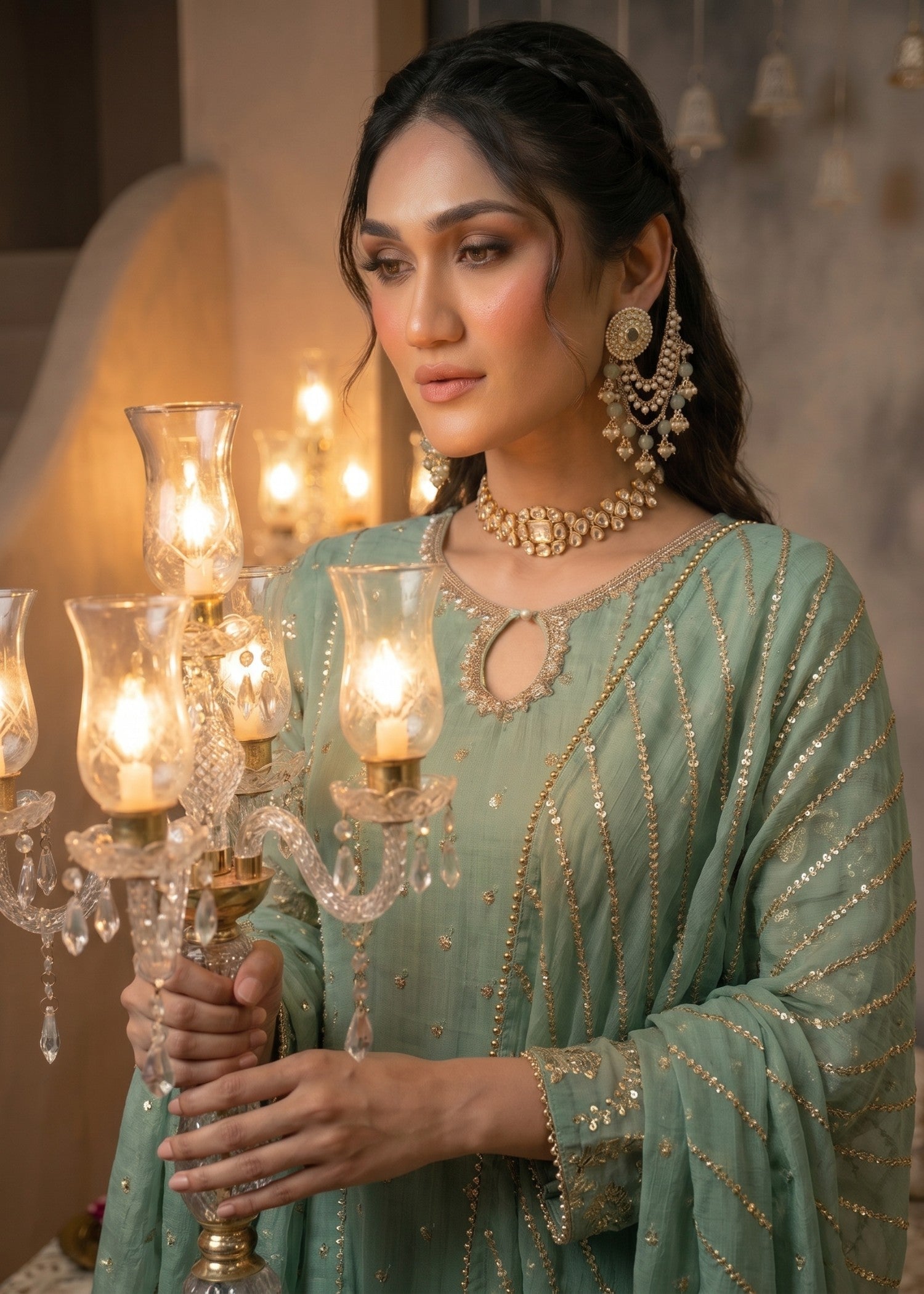 chiffon Anarkali in Mint green