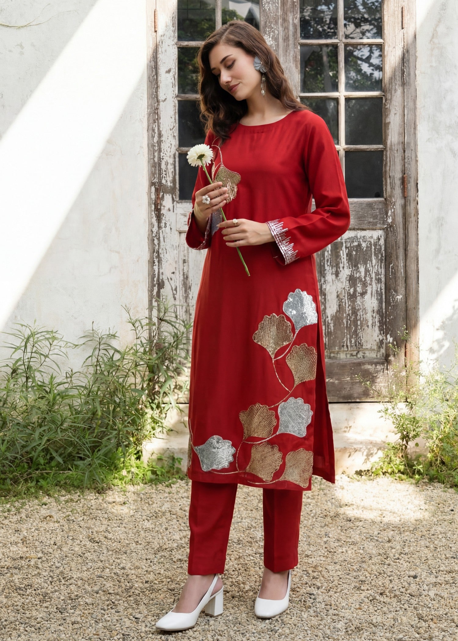 lawn Kurta Set in Cardinal red
