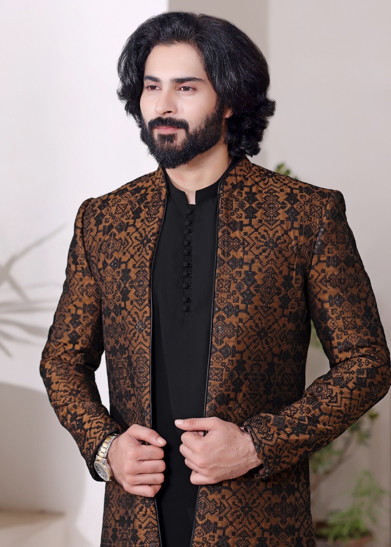 cotton silk banarasi Sherwani in Brown by The Great Masters (TGM)