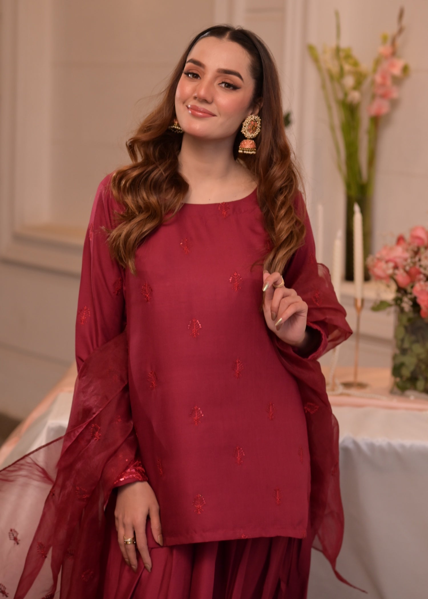 irish linen Sharara in Berry red