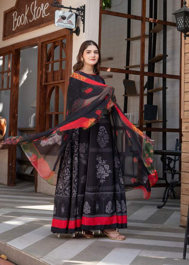 poly lawn Anarkali in Black, red, white