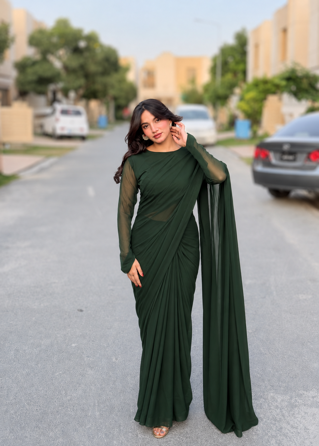 chiffon Saree in Bottle green