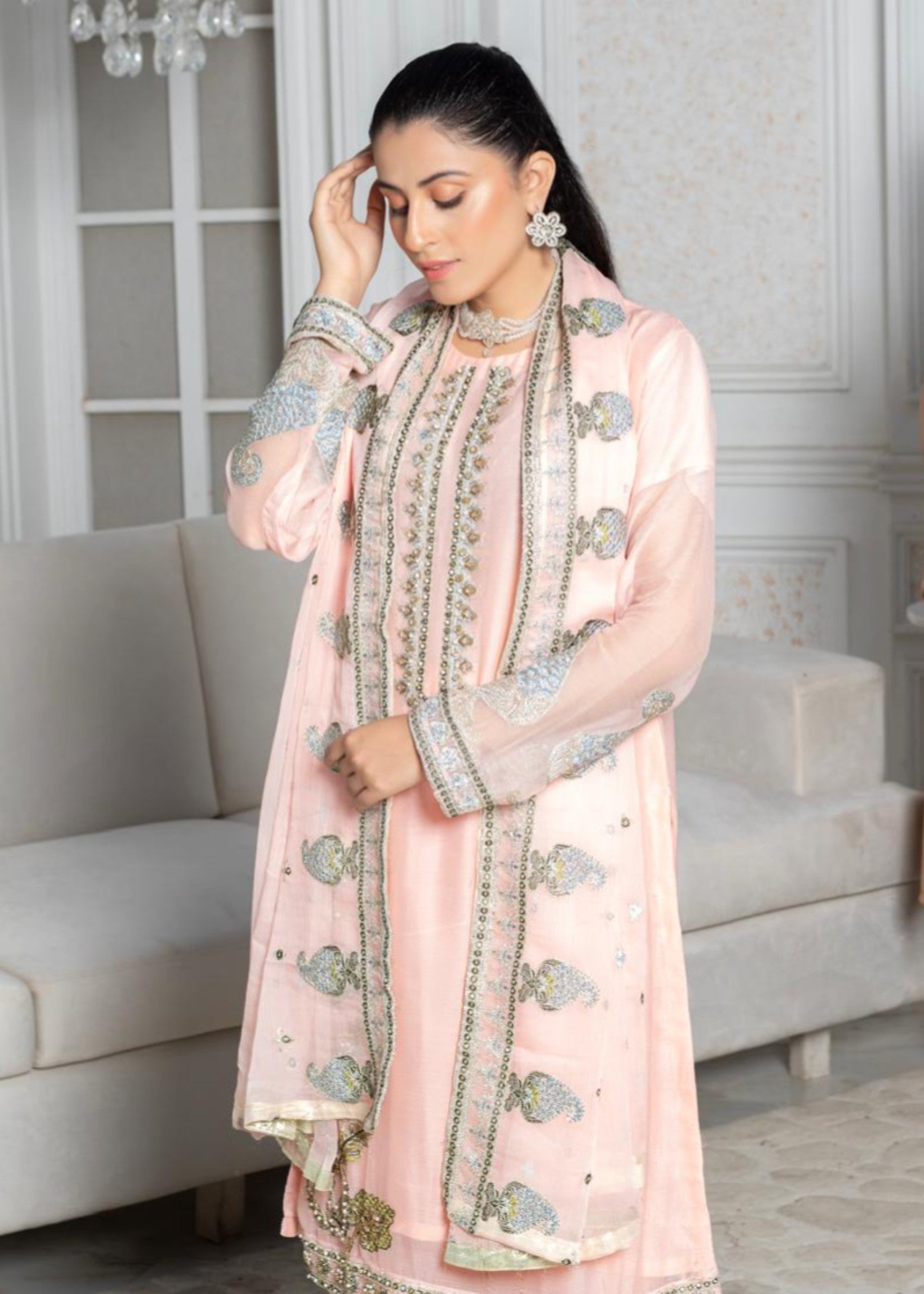 polyester chiffon Kurta Set in Peach orange