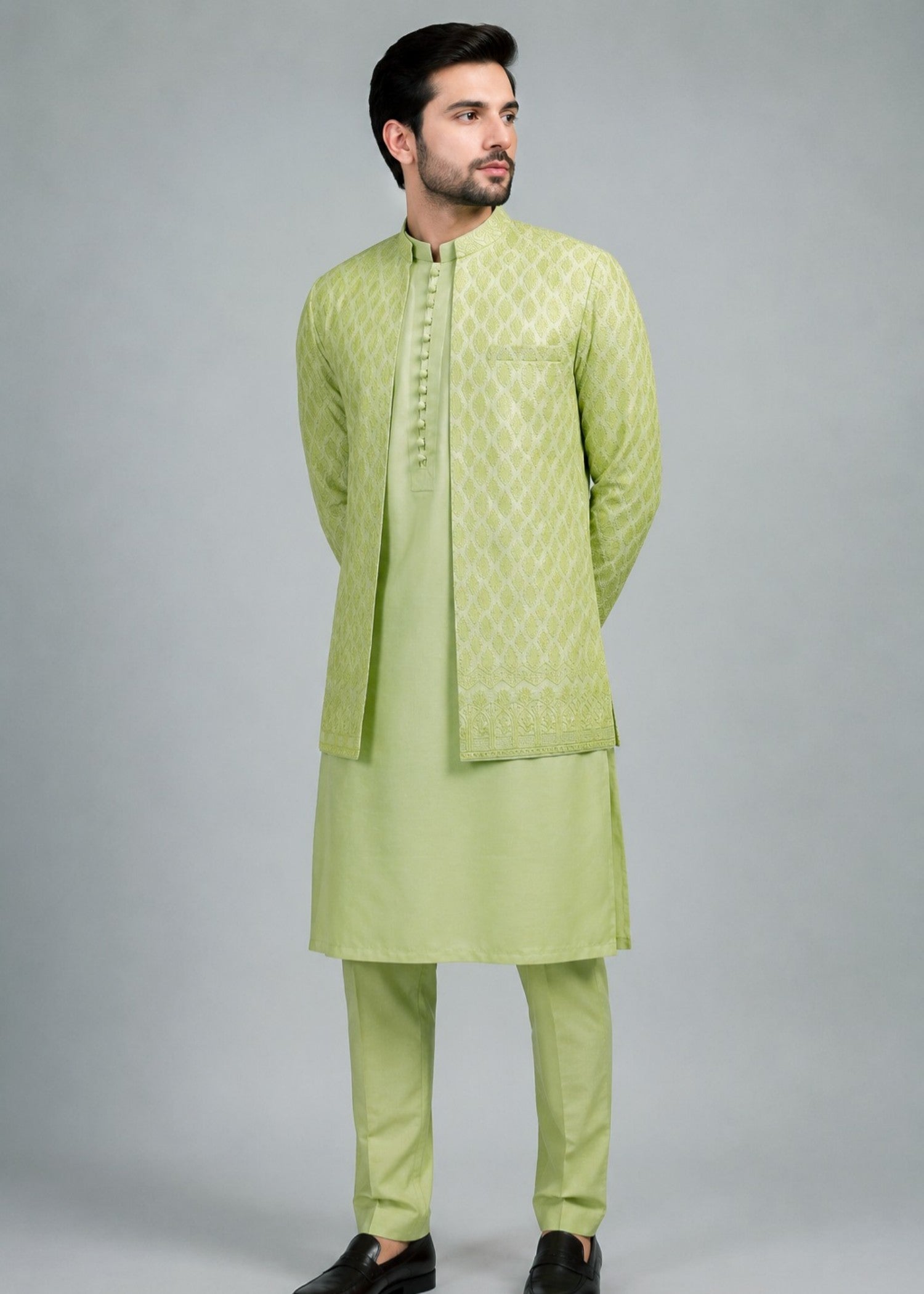 raw silk Prince Coat in Pistachio green
