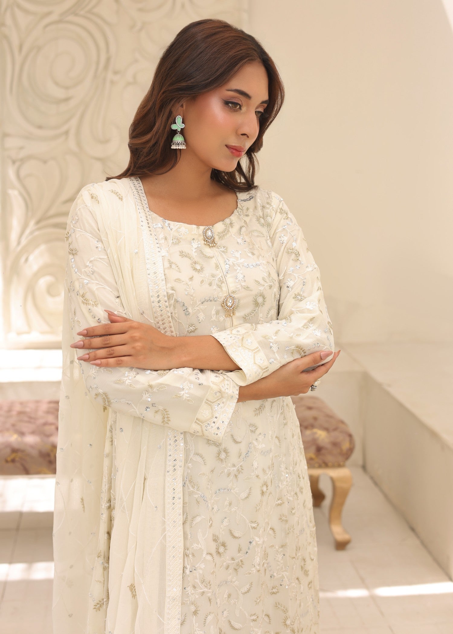 bemberg crinkle chiffon Maxi in Off-white